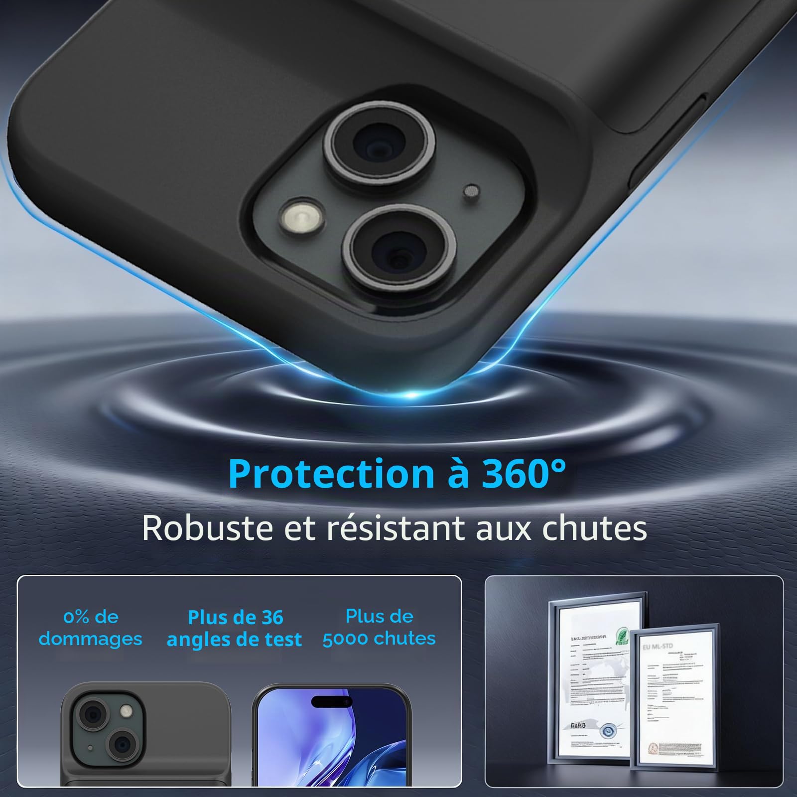 Coque de Batterie pour iPhone 15 (6,1 "), 8500 mAh, Chargeur Portable Ultra Fin pour iPhone 15, Chargeur de téléphone et Coque de Protection avec Fonction de Charge pour iPhone 15 - Noir