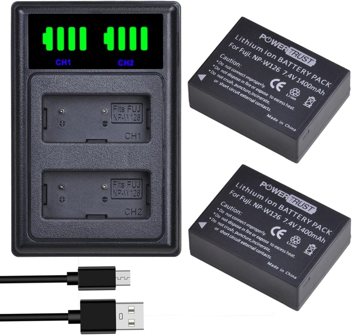 2-Pack NP-W126 NP-W126S Battery and Charger for Fujifilm X-T200 X100V X-S10 XT30 XT-20 X-E3 X-T3 X-T2 X-T1 X-T100 X-Pro3 X-H1 X-A5 X-A1 X-E1 X-M1 X-Pro1 HS30EXR HS33 EXR HS50EXR