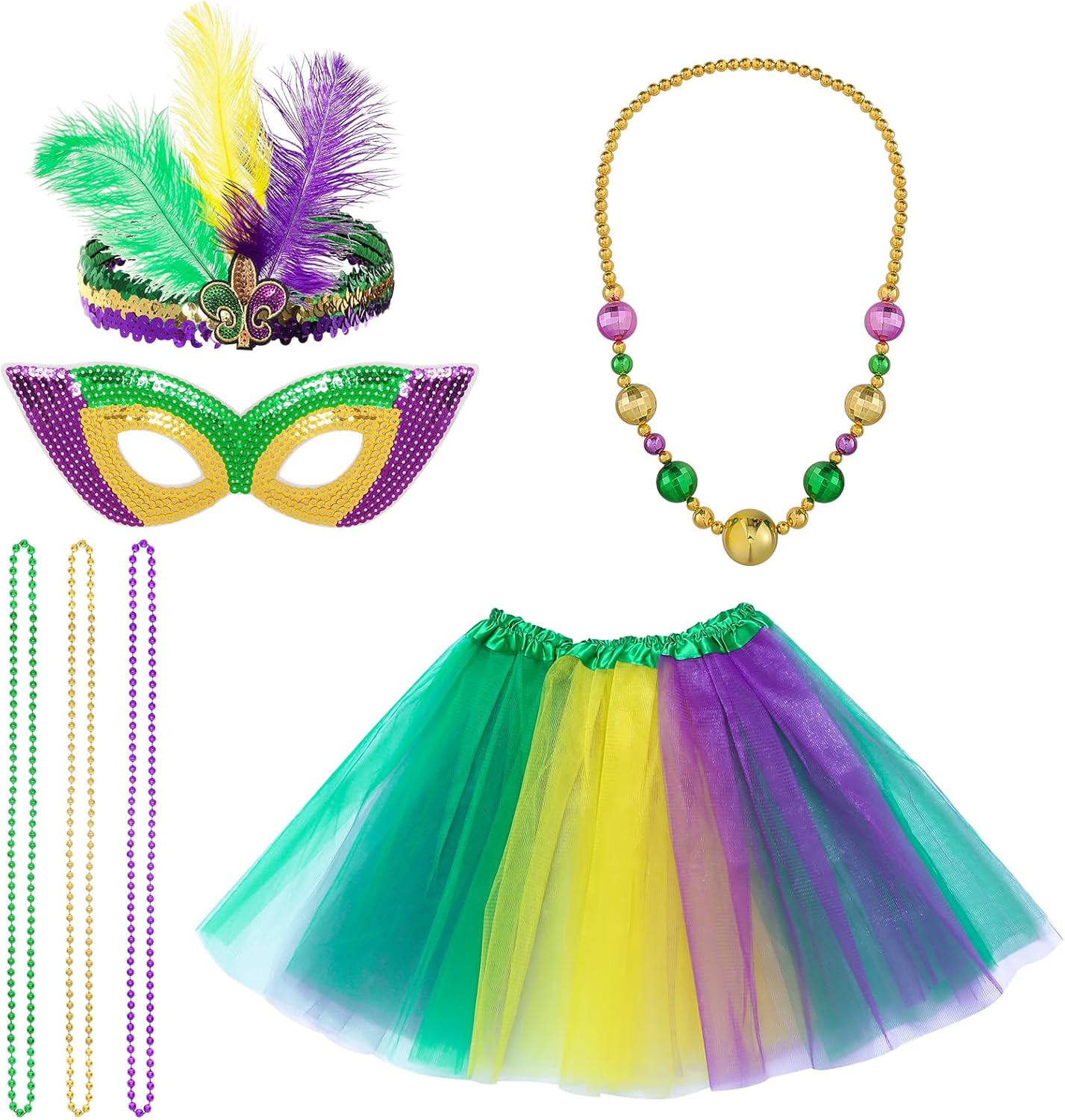 7PCS Mardi Gras Costume Accessories Set Women Tutus Skirt Faux Feather Headband Sequin Mask Bead Necklaces Carnival Costume Outfit for Parades Halloween Masquerade Retro Party