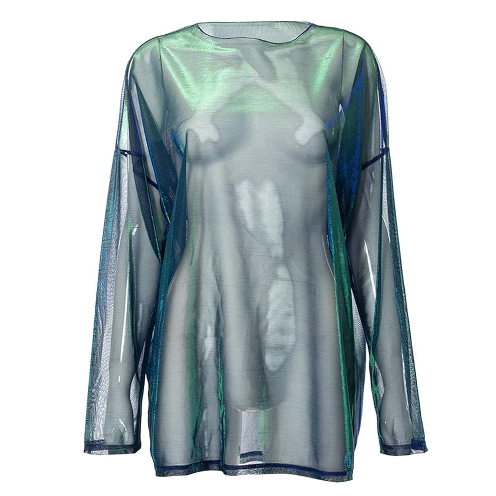 トップス Sheer Raglan Long T-shirts Verdusa Women's Y2k Tie Dye Sheer Mesh Top Drop Shoulder