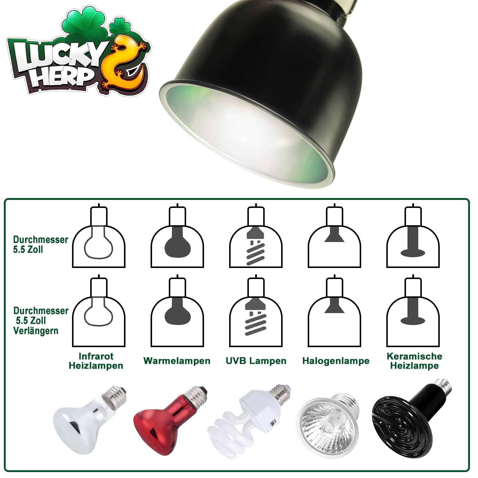 LUCKY HERP 14cm Reptilien Terrarium Dome Lampen, E27 Aluminium Reflektorlampe für Wärmelampe, 100W Terrarium Lampe UVB für Schildkröte, Bartagame, Huhn, Hund