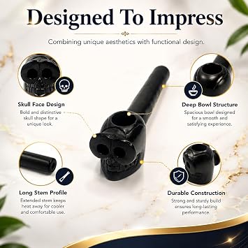 Hand-Carved Soapstone Smoking Pipe | Natural Stone Herb & Tobacco Pipe with Intricate Engraved Design | Durable Handmade Collectible for Décor & Gifting (Black Skull)