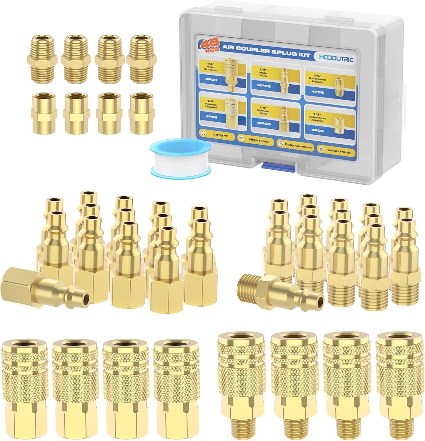 45Pcs Air Coupler & Plug Kit, Hoodutric 1/4" NPT Air Hose Fittings,Quick Connect Air Tool Fittings,Industrial Grade M/D Type Air Compressor Accessories