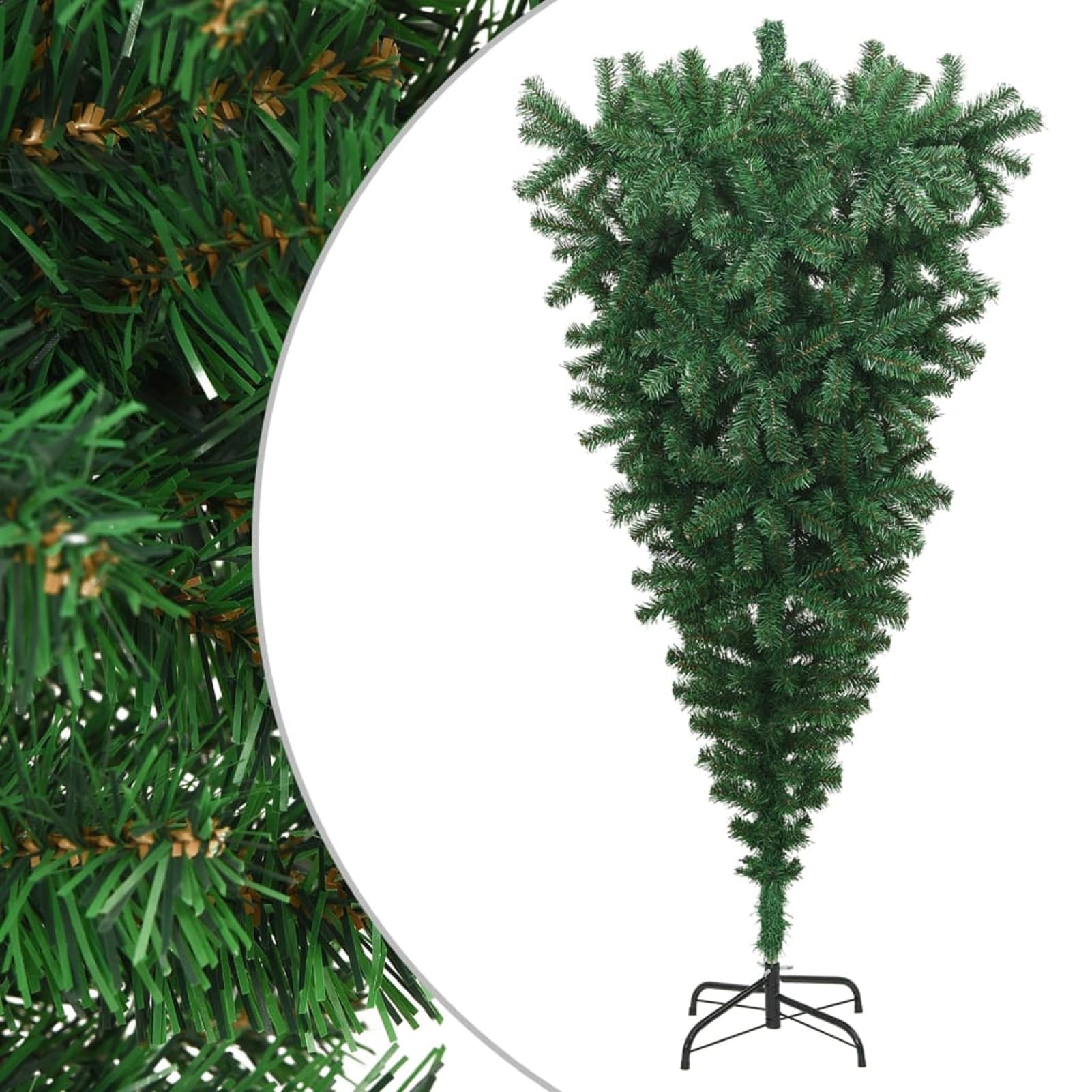 Albero di Natale artificiale capovolto con supporto verde, 180 cm x 90 cm x 45 cm, albero di Natale in abete, supporto in metallo pieghevole per decorazioni natalizie per casa/ufficio, interni ed es