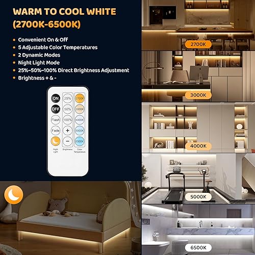 Miniatura 4 de Tira de luces LED de color blanco cálido, 49.2 pies, regulable, brillante, 24 V, cinta de luz LED con control remoto, blanco sintonizable (2700