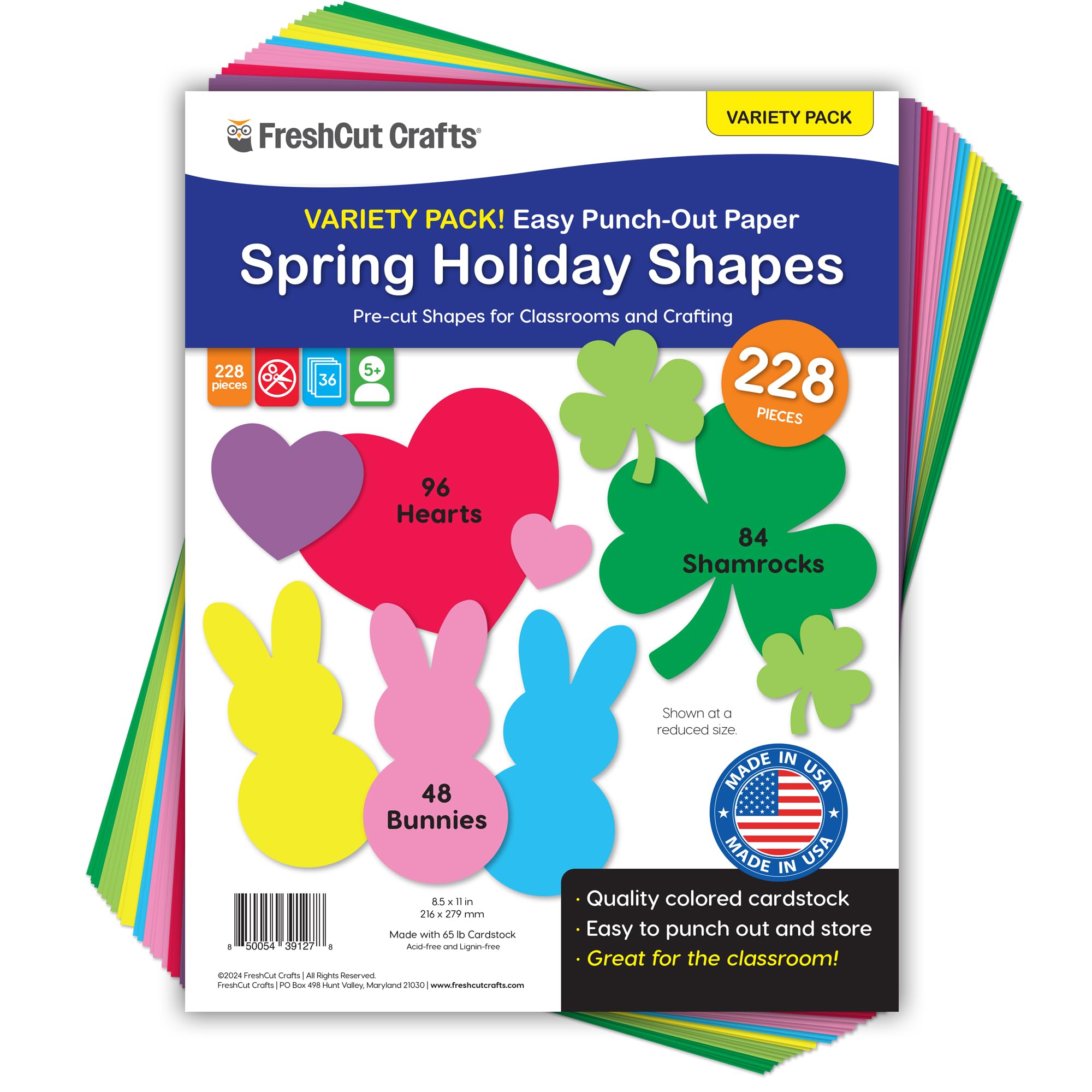 228 Pieces Valentine Hearts, Shamrocks & Easter Bunny Punch Out Paper Cutouts for Spring Holidays, 2-Sided US Made Card Stock, St Patrick's Day, Valentine Crafts, Bulletin Boards, Classroom Decor