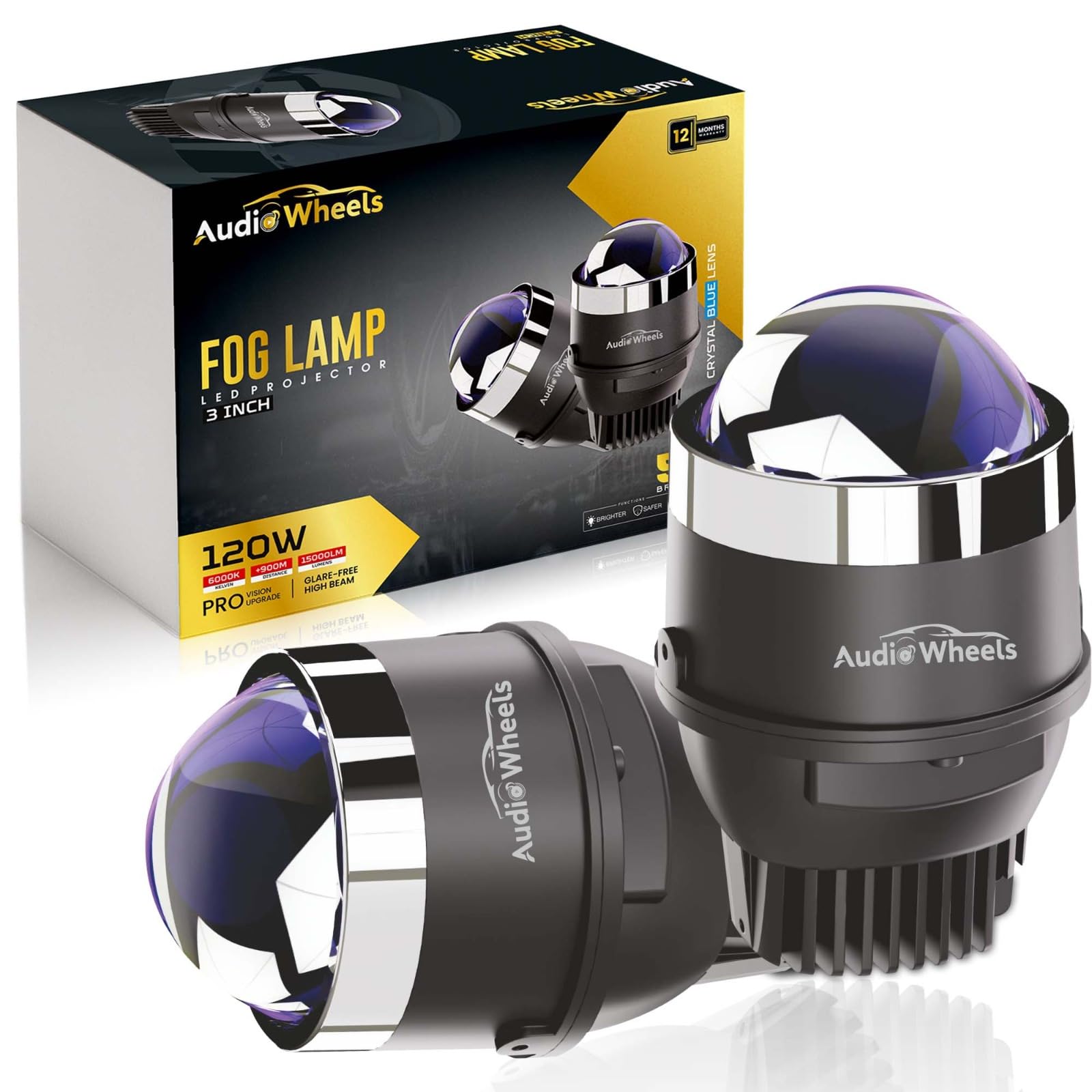 Audio Wheels 3" Universal Projector Fog Lamp - 120W Tri-Color (White-6000K/Warm-4500K/Yellow-3000K) | 15000LM | LED Projector Fog Light with Blue Film | 12V/24V Car Lamp for Modification-image-15