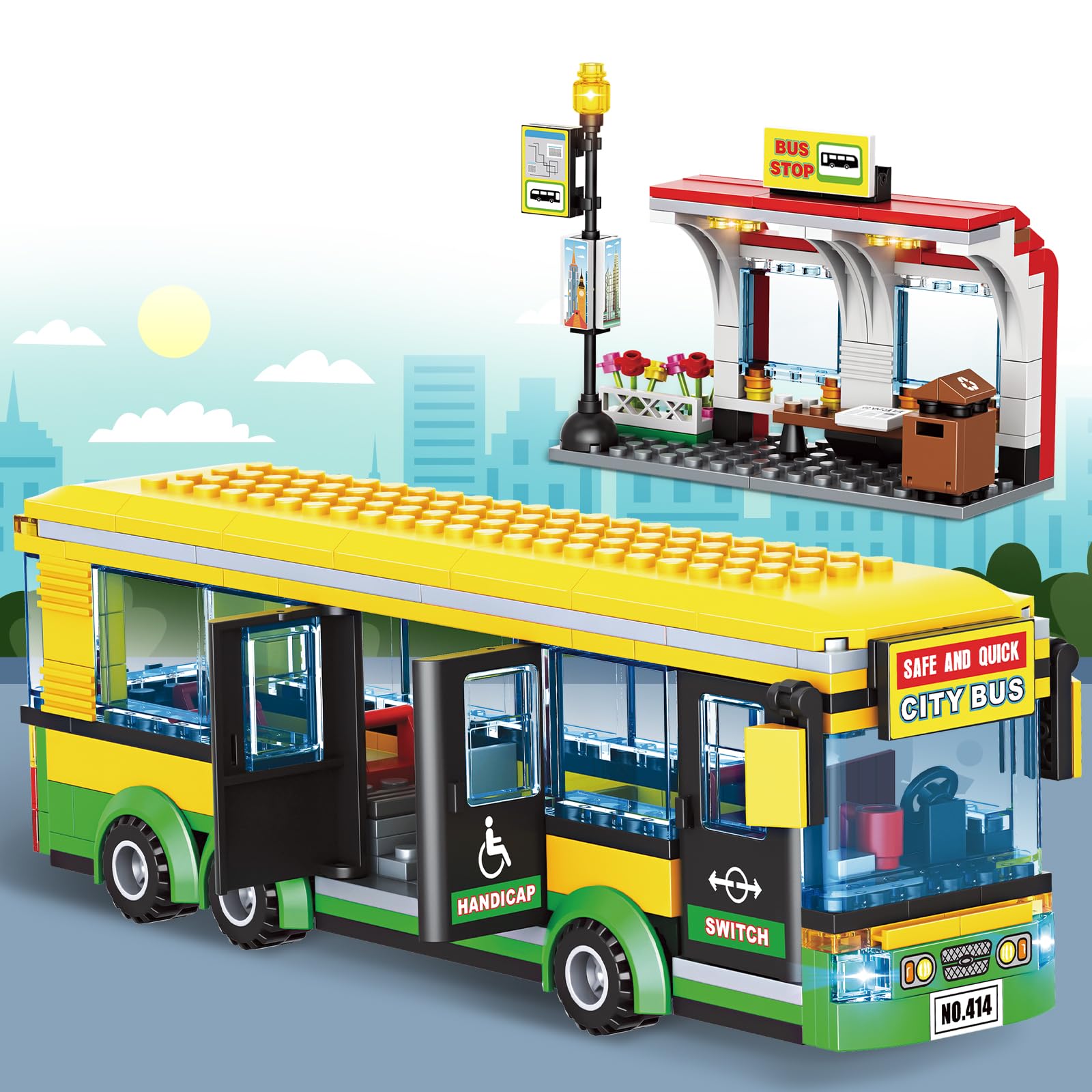 City Bus Building Blocks Set for Kids 6+, 386PCS Pushable Bus Toy with Station Platform, Realistic Doors & Seats, Compatible with Lego Bricks, STEM Educational Vehicle Model Gift for Boys Girls Adults