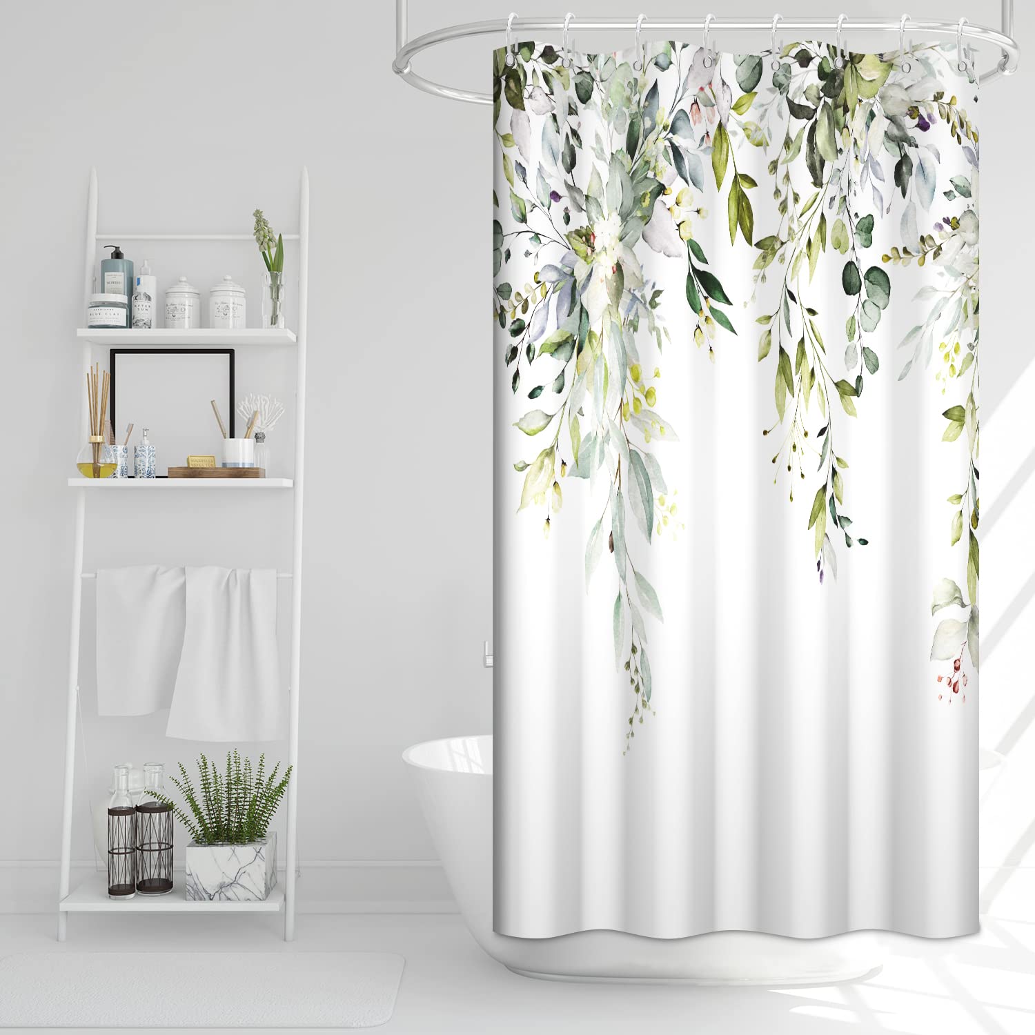Rideau De Douche En Tissu Polyester Vert émeraude - Motif Feuilles D'eucalyptus - 135x220 Cm (LxH) Avec 12 Crochets - Imperméable, Anti-moisissure, Lavable - 5