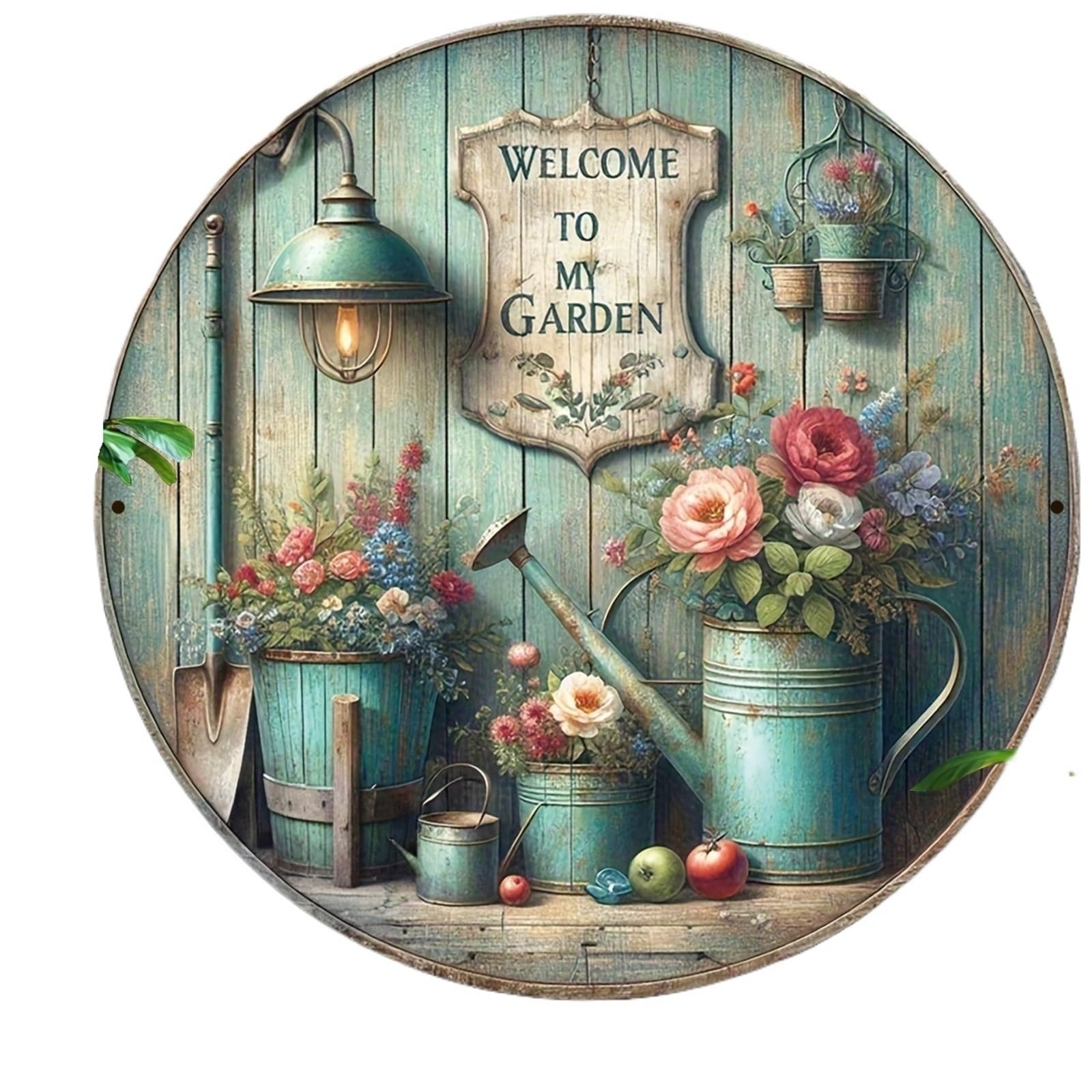 Wooden Welcome Sign 2D Flat, 1pc Vintage "Welcome To My Garden" Wooden Welcome Sign - 8-Inch Round Rustic Farmhouse Door Decor for home(30x30)