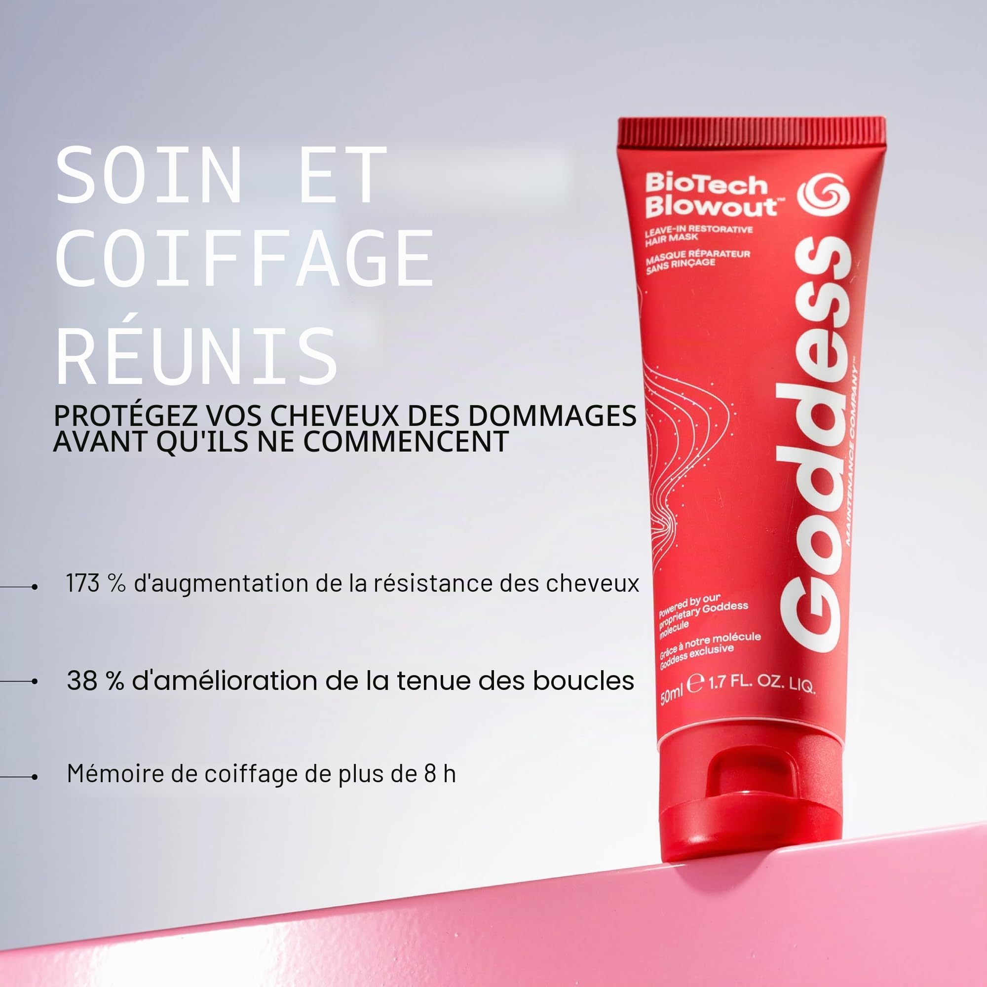 Masque capillaire sans rinçage pour cheveux abîmés (50 ml) – protection thermique BioTech jusqu’à 230°C avec molécule Goddess – soin reconstructeur effet blowout à base de protéines – Anti-frisottis