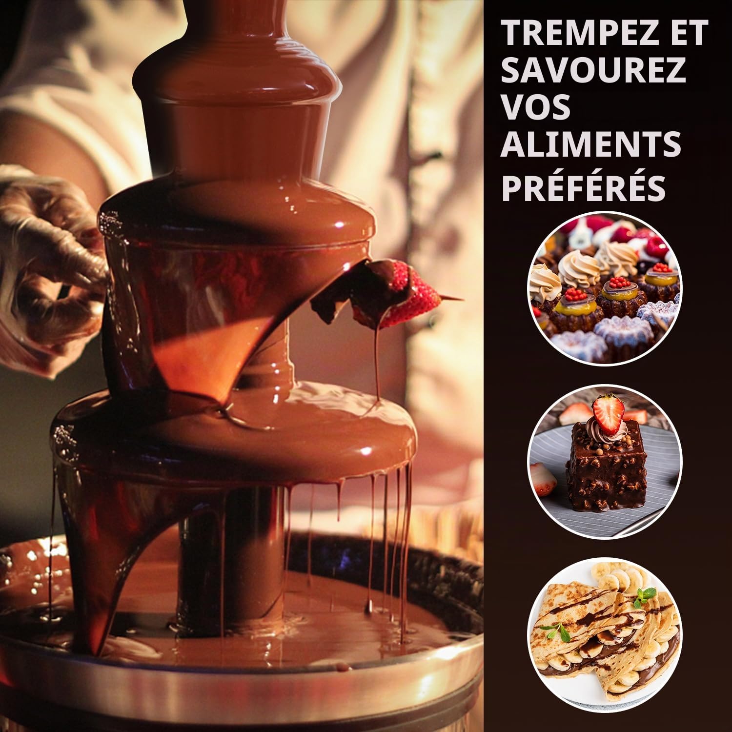 Huanyu Fontaine à chocolat à 4 niveaux Grand ensemble à fondue pour le chocolat Fontaine à chocolat électrique Ensemble à fondue au chocolat pour fête, mariage et anniversaire