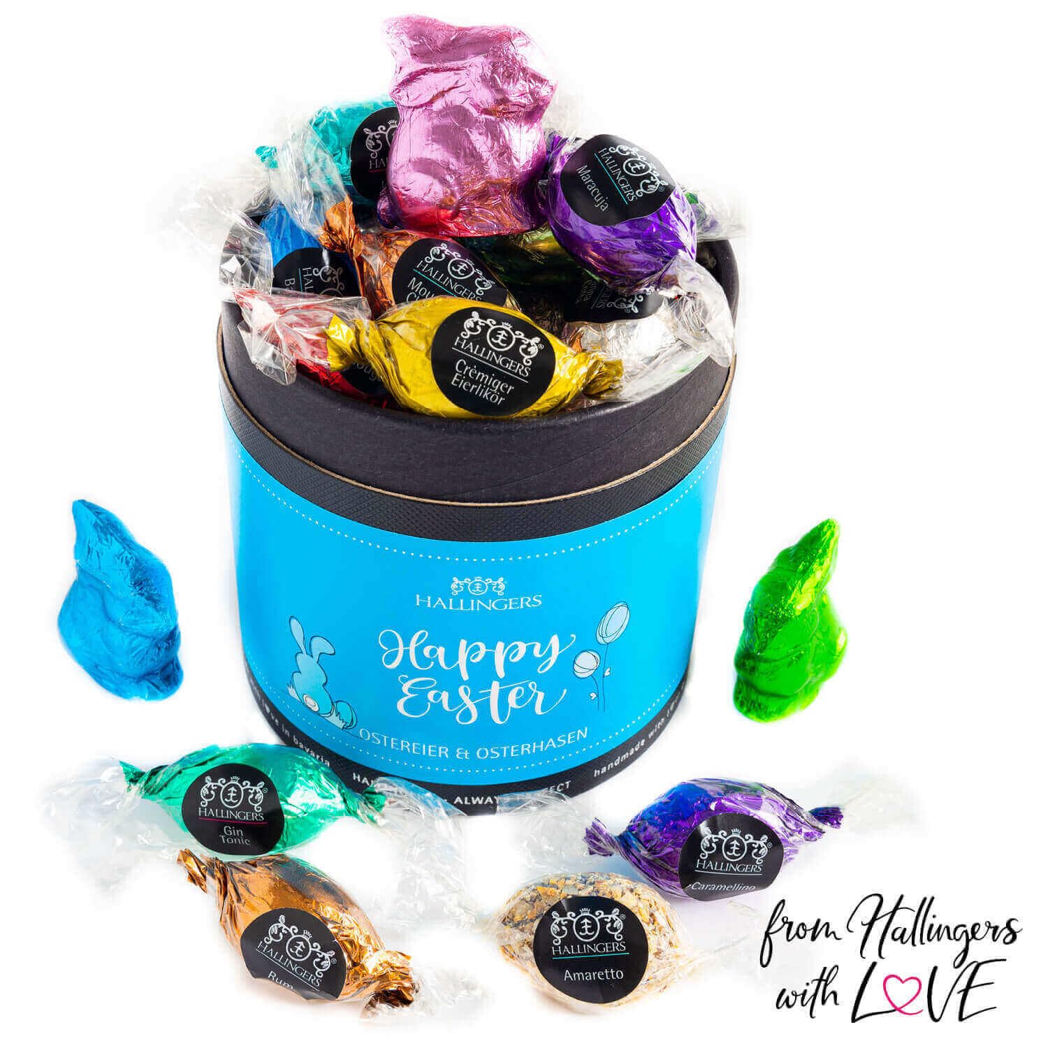 Hallingers Genuss Manufaktur Pralinen-Osterei Oster-Geschenk - mit & ohne Alkohol, handmade aus Edelkakao in wertiger Geschenkdose "Happy Easter", Ostern Körbchen für Frauen Männer