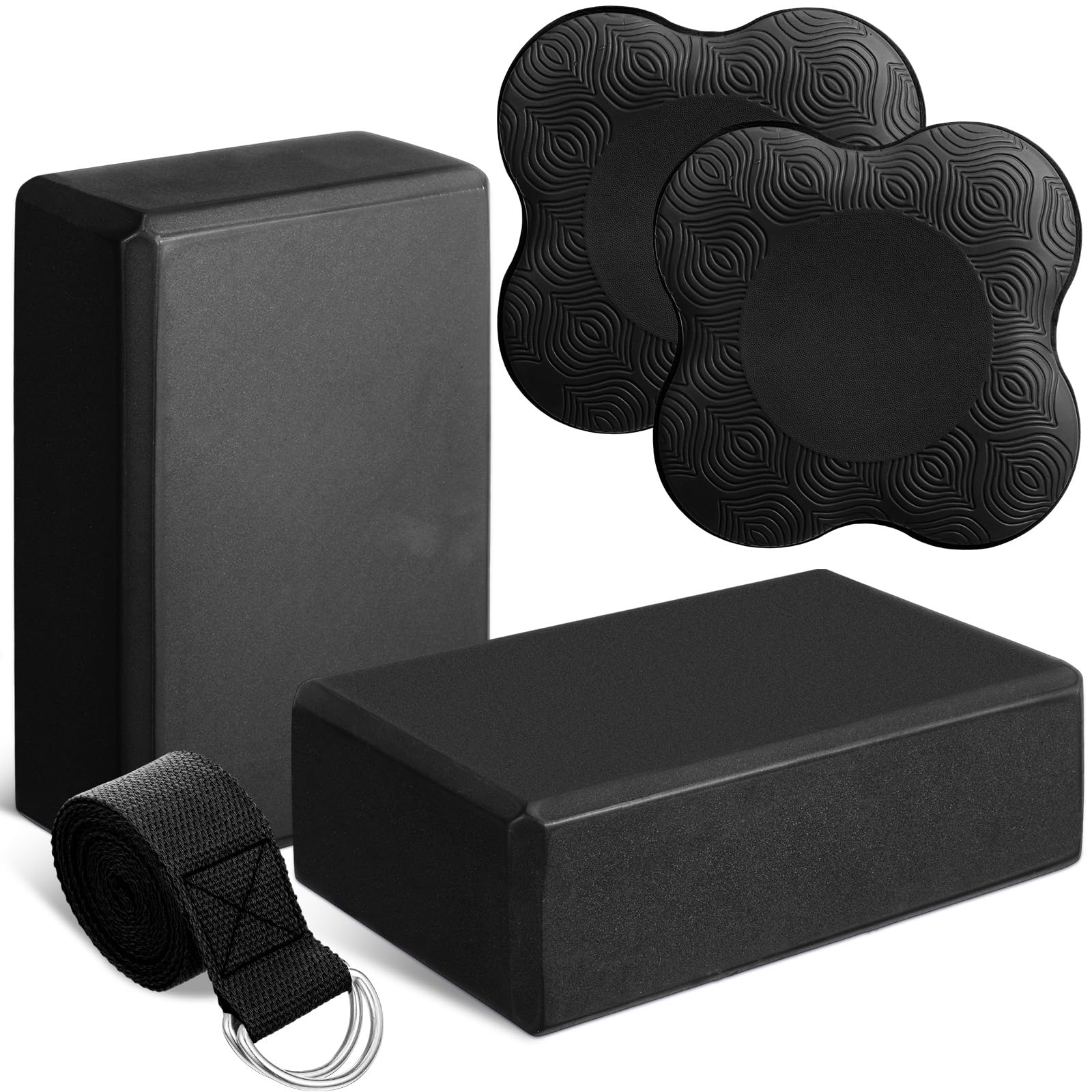RoundFunny 5 Pcs Yoga Blocks Knee Pads Yoga Strap Set Soft Premium Foam Blocks Accessories for Pilates Meditation General Fitness Stability, Kneeling, Balance, Deepen Stretches and Toning