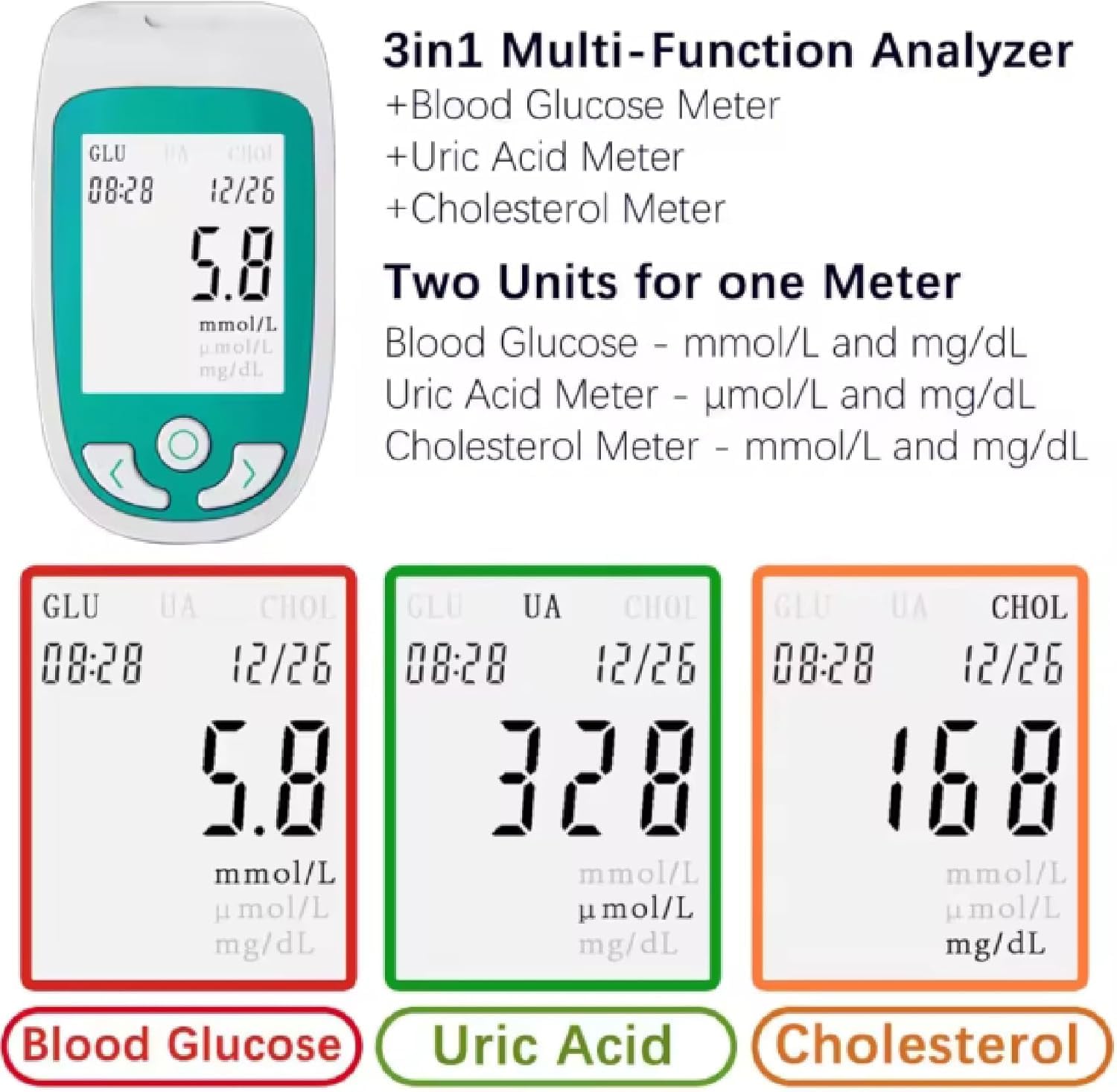 3-in-1 Blood Glucose Test Analyzer, Multifunction Tester, Glucose Uric Acid Total Cholesterol Tester, with 50 Blood Sugar +25 Uric Acid +10 Cholesterol Test Strip