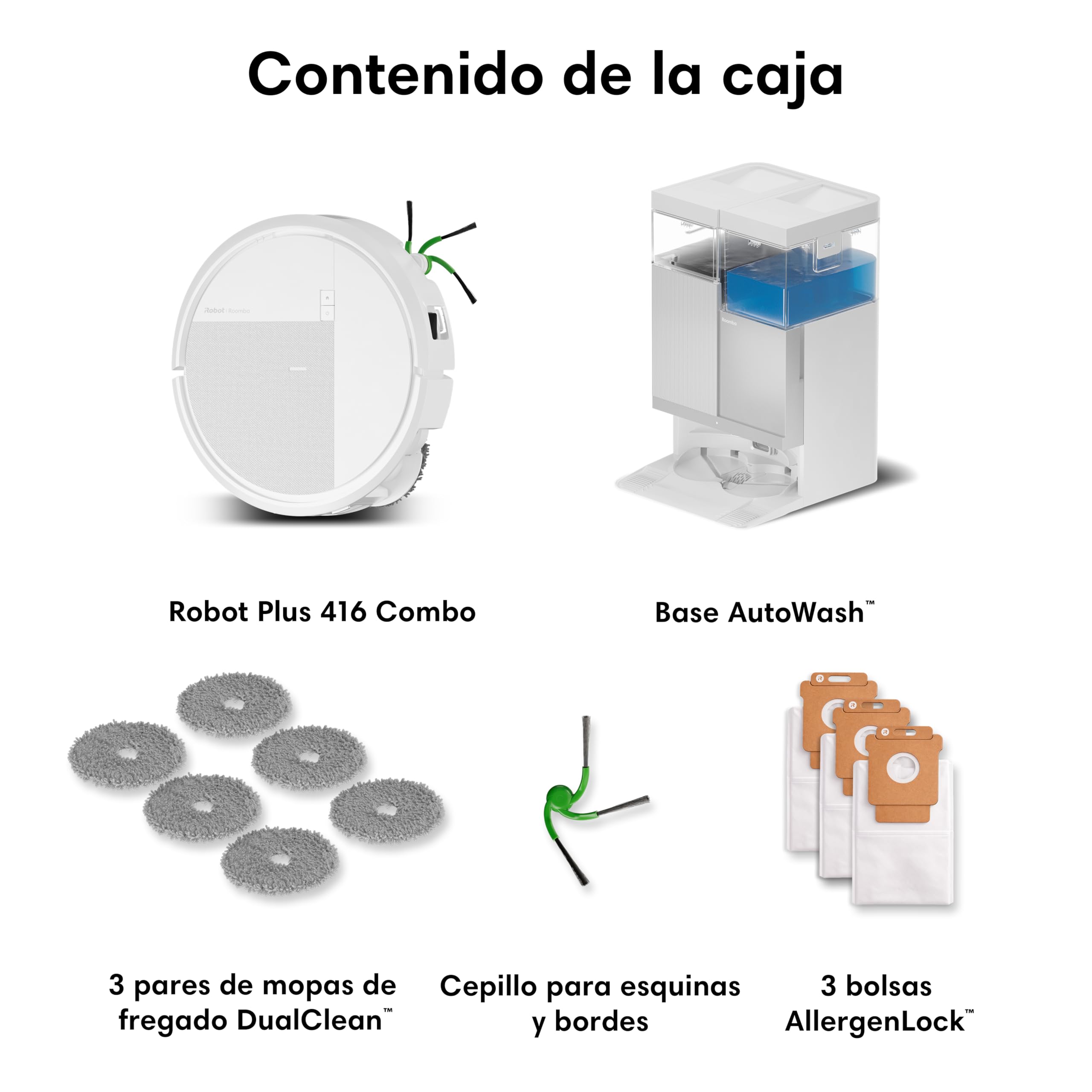 iRobot Roomba Plus 416 Combo y Base AutoWash, Aspirador y Friegasuelos, Accesorios Extra, 20000Pa, Mopa Extensible, Mopas DualClean Elevables, Secado Calor, LiDAR Clearview, Autonomía 90 días, Blanco