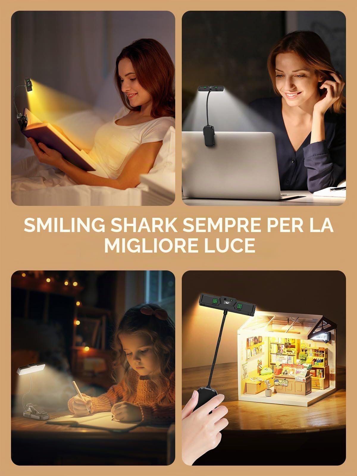 Smiling Shark LED Lampada Lettura, 1200mAh Ricaricabile Lampada per Leggere a Letto 3 Colori 6 Luminosità & Sensore Modo Portatile 360°Regolabile Lampada da Lettura con Pinza per Viaggio Bambino Libro