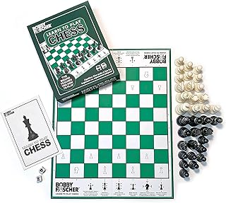 Bobby Fischer® Learn to Play Chess Set Board Game, Easy to Understand - How to Play Chess Book, 34 Plastic Staunton Chess Pieces, Folding Illustrated Chess Board, Family Games for Kids and Adults