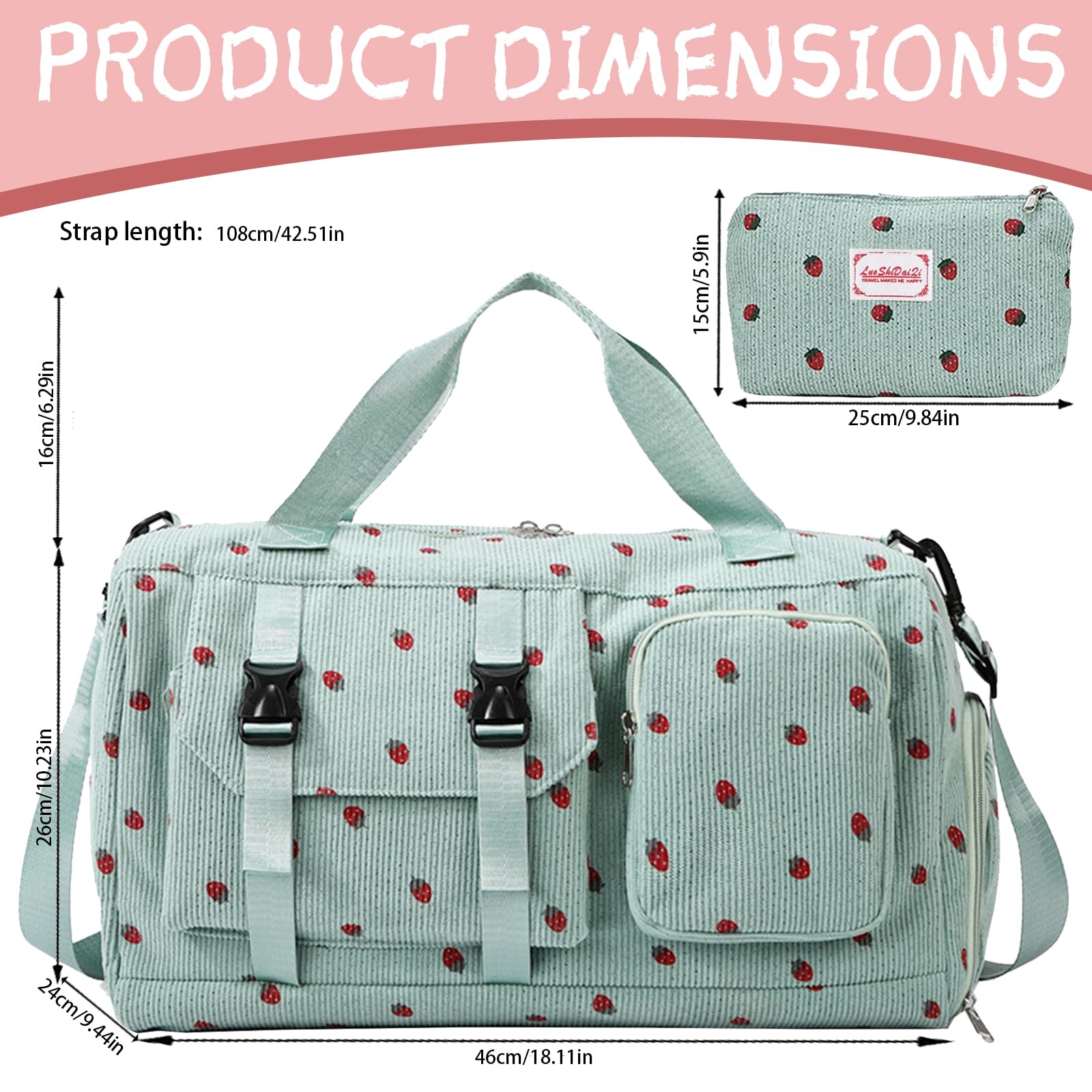 Bolsa de Deporte para Mujer, Pana Fresa Sporttasche con Compartimento para Zapatos, Compartimento y Billetera Pequeña para Mojados, Bolsa de Viaje für Viajar, Fitness, Deporte, 46x24x26 cm — view 2