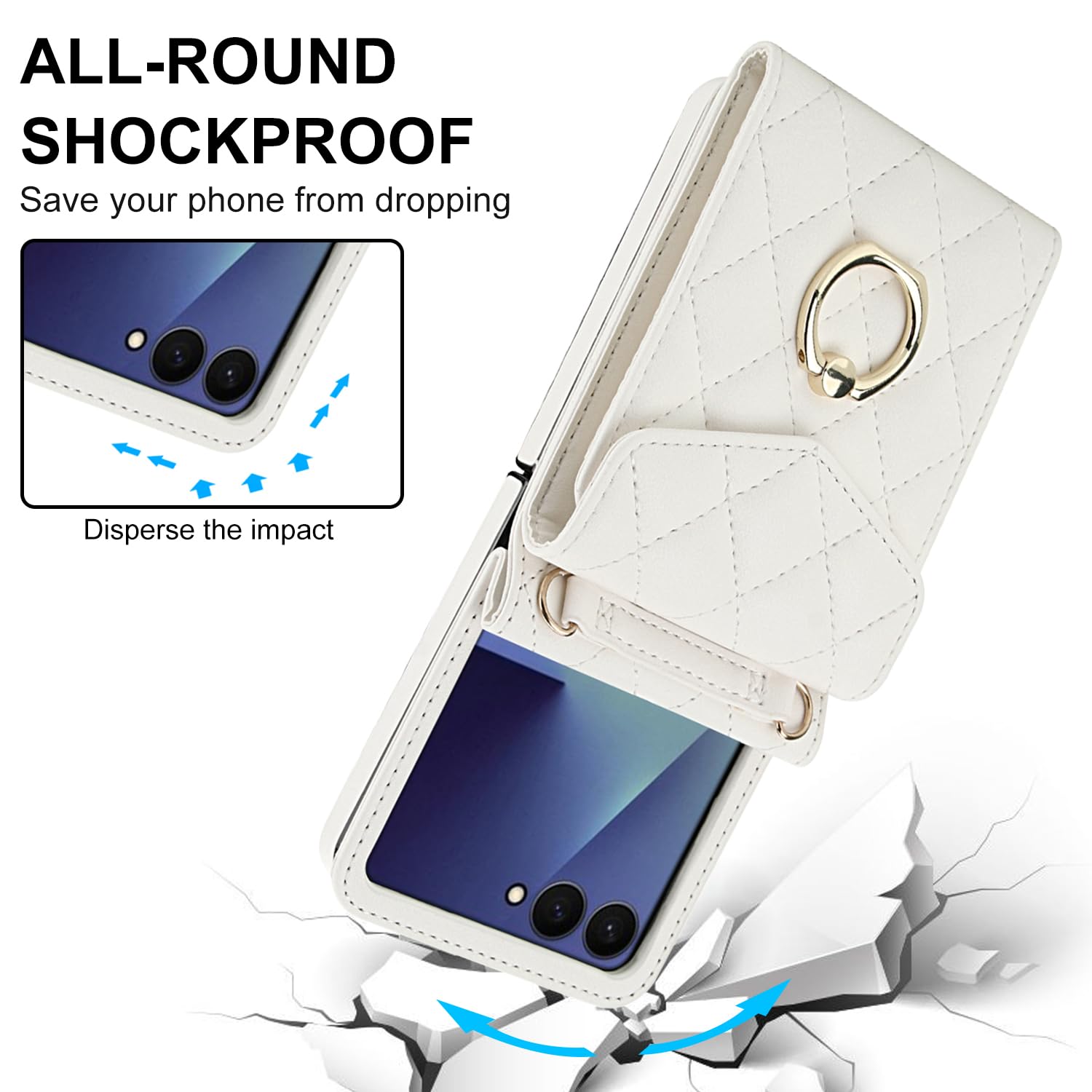 Etui portfelowe na telefon Samsung Galaxy Z Flip 7 z pierścieniem i regulowanym paskiem crossbody, stylowe i wielofunkcyjne etui z klapką w stylu akordeonowym z 4 przegródkami na karty. (białe)