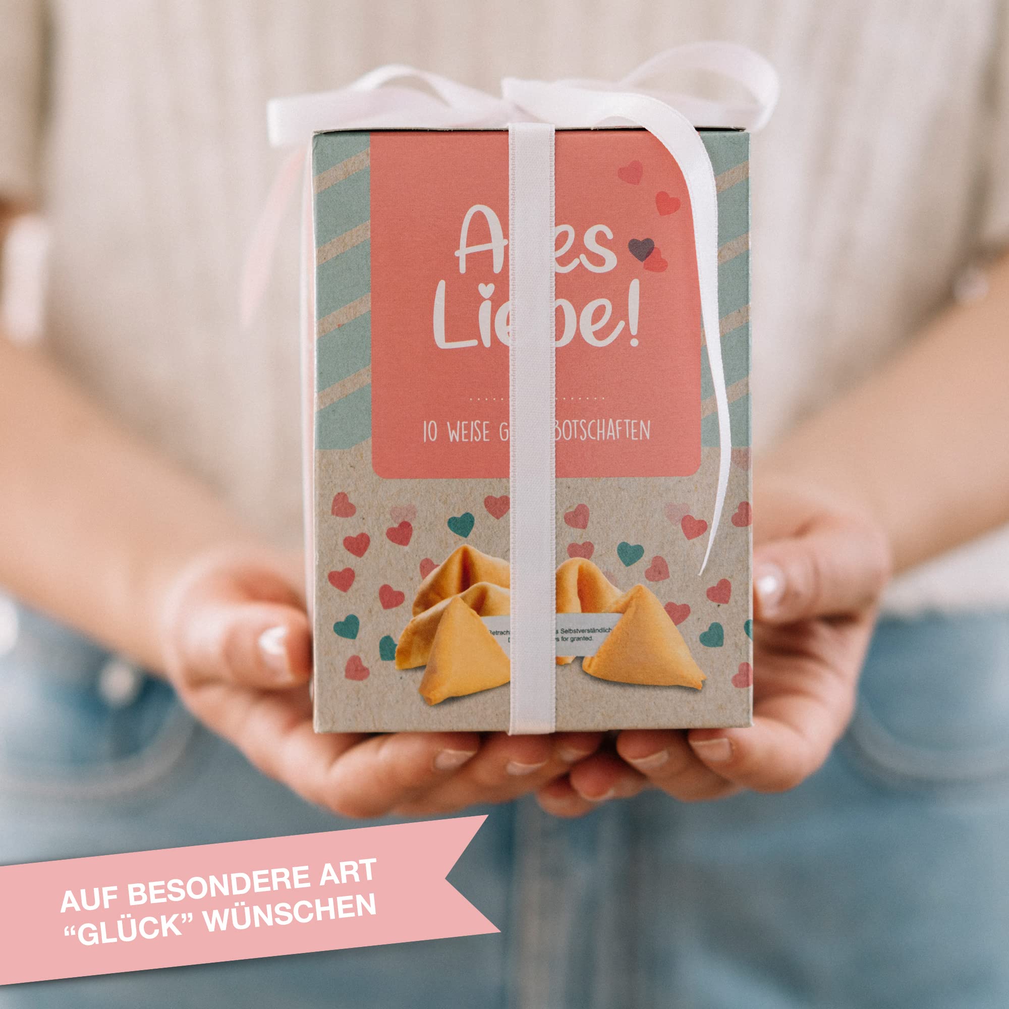 Ni Hao - Biscotti portafortuna "Alles Liebe" in una bella scatola da 10 pezzi, con biscotti confezionati singolarmente e diverse scritte, Made in Germany (lingua italiana non garantita)