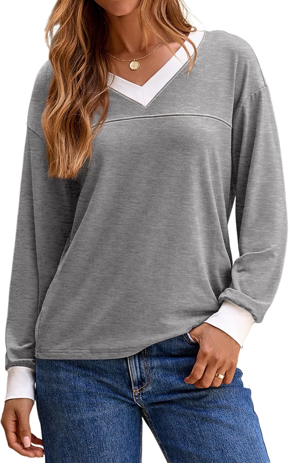 Dokotoo Womens Long Sleeve Tops Casual V Neck Oversized Shirts Basic Tees Fall Clothes Fashion Outfits 2025