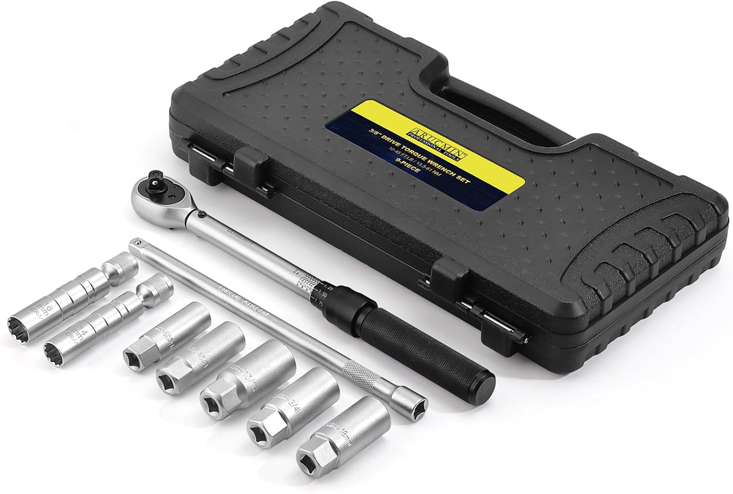 9-Piece Magnetic Spark Plug Socket Set with 3/8 Inch Drive Torque Wrench,72 Tooth 10-45 Ft.Lbs (13.5-61Nm) CR-V Steel Swivel Spark Plug Set 9/16, 5/8, 3/4, 13/16 Inch & 14,16,18mm with Extension Bar