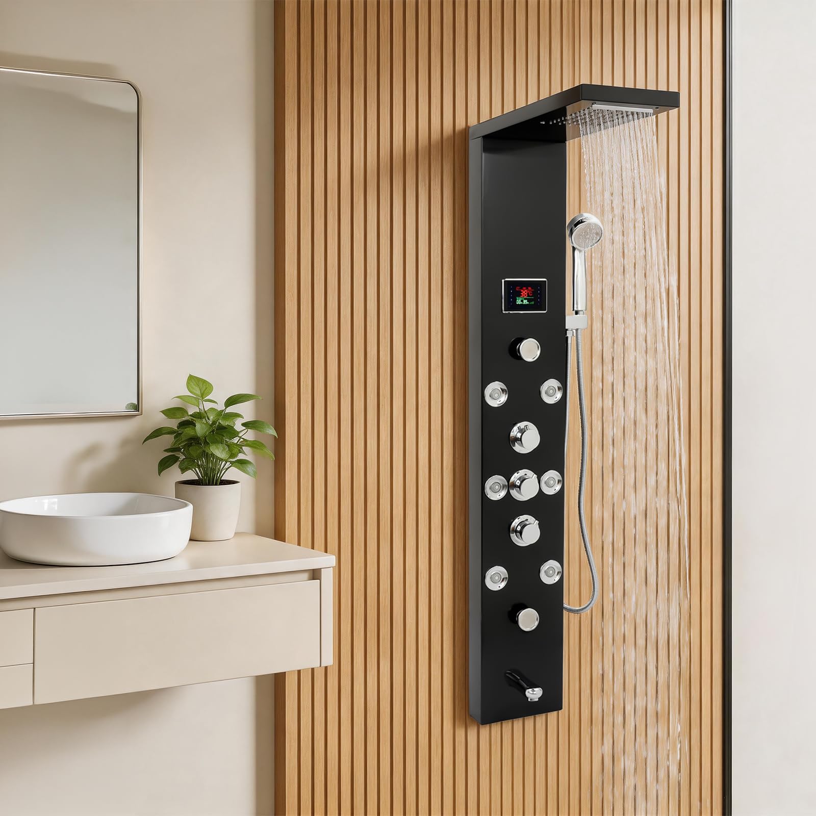 Panel de ducha 6 en 1 de acero inoxidable negro con indicador de temperatura LED, ducha de masaje, cascada, hidroeléctrica, montaje en pared, 8 duessen