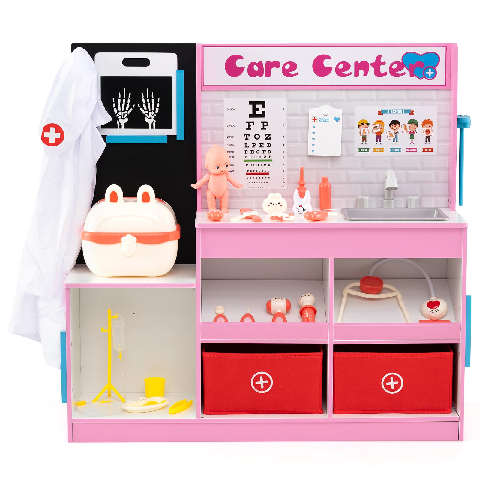 COSTWAY Wooden Doctor Playset, Educational Role Play Medical Station with Examine Region, X-Ray Film, ECG Monitor, Eye Chart, Height Measurer, Toddler Hospital Pretend Play Set for Boys Girls (Pink)