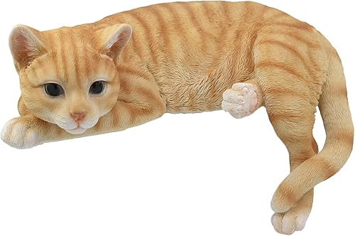 Ebros Lazy Days - Estatua de gato atigrado naranja realista de 13.25 pulgadas de largo con ojos de cristal pintada a mano realista felino decoración
