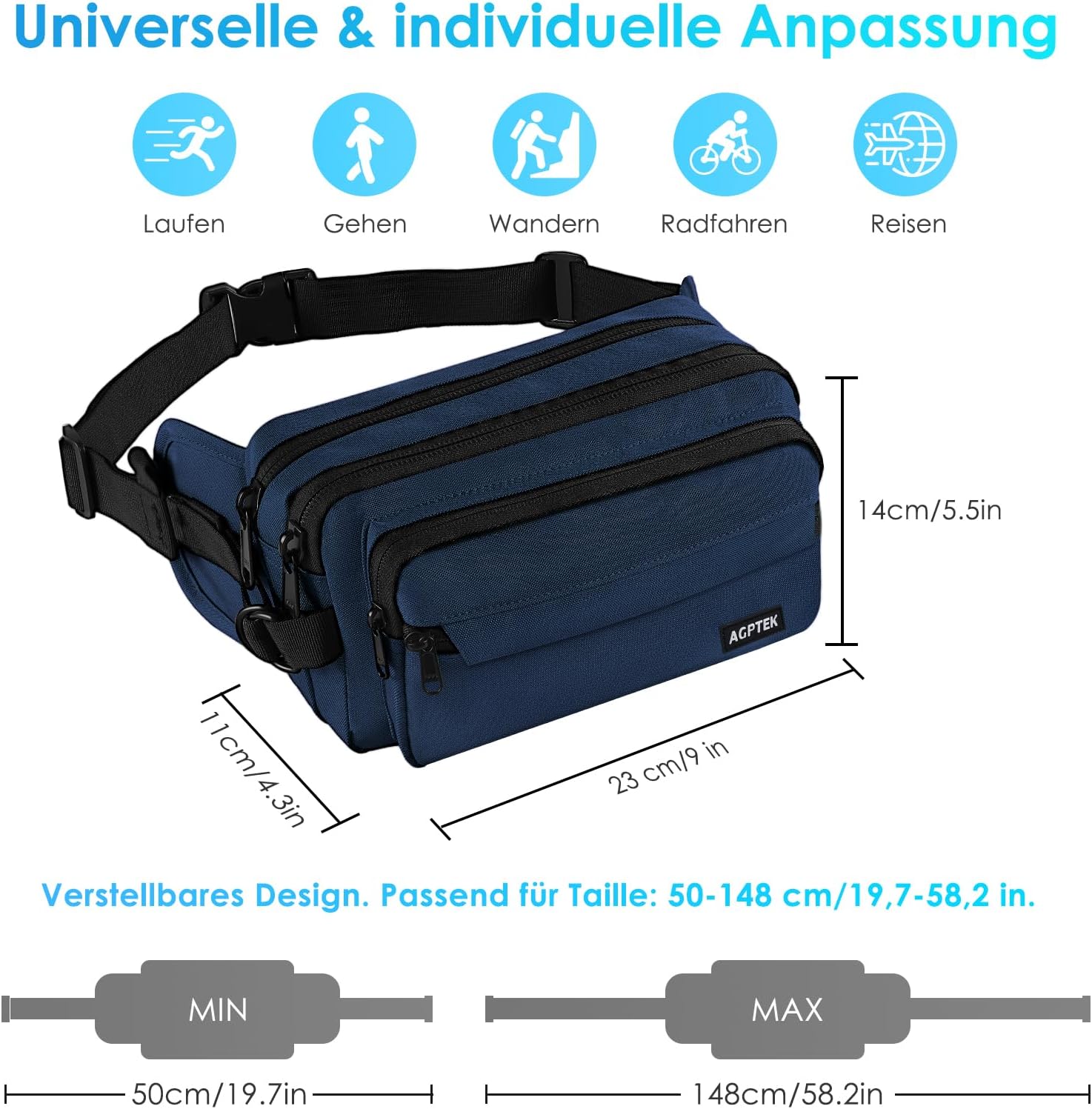 AGPTEK Fanny Pack for Men and Women, Waterproof Waist Pack with 5 Individual Compartments, Waist Bags for Dog Walking, Travel, Hiking and Outdoor Activity | Waterproof Waist Bag with 5 Single Compartments Waist Bags for Dog Walking, Travel, Hiking and Outdoor Activity Denim Blue L