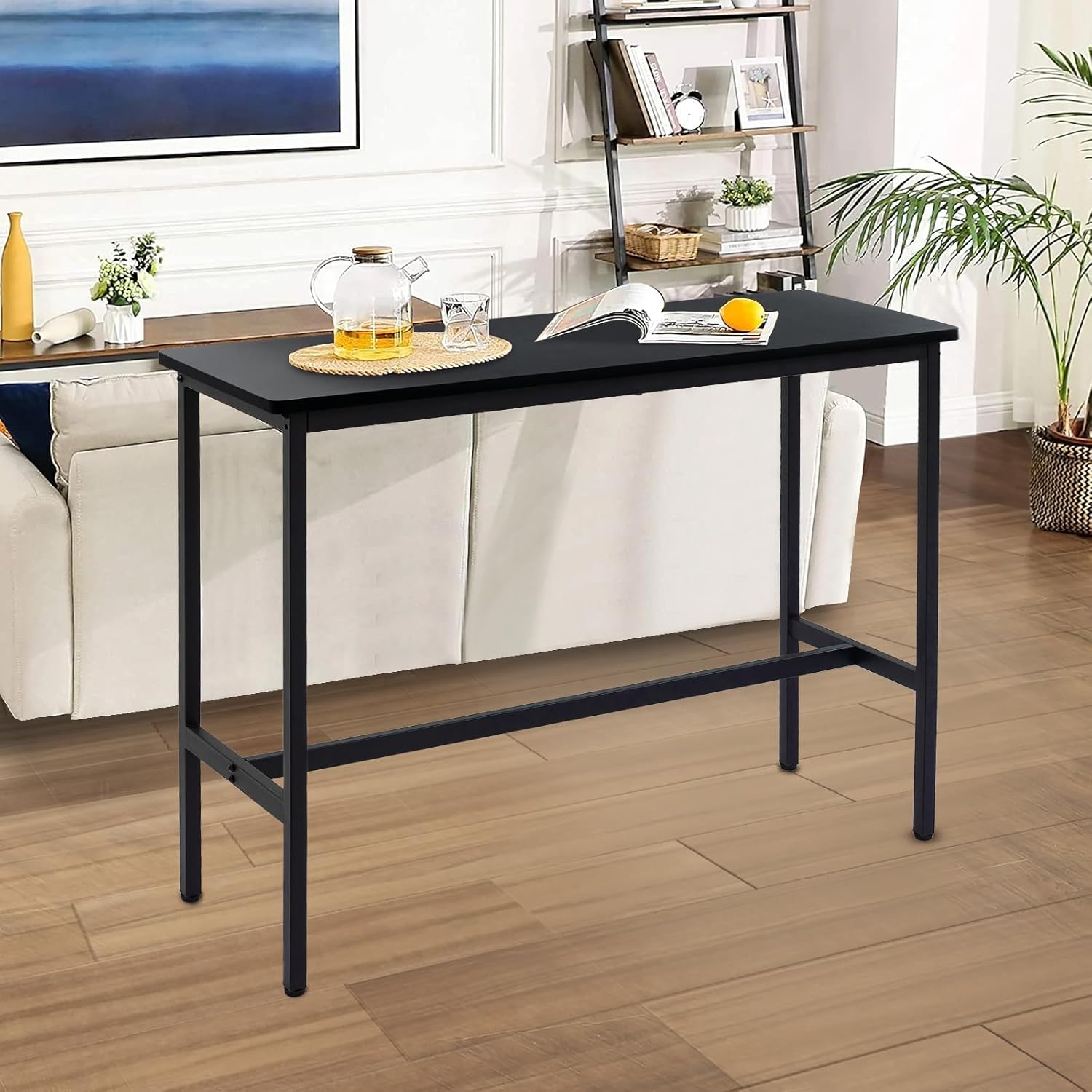 44.5" Bar Table, Pub Table with Adjustable Feet Floor Protector, Narrow Rectangular Kitchen Counter Dining Tables, Sofa High Top MDF Tables with Sturdy Metal Legs, Black