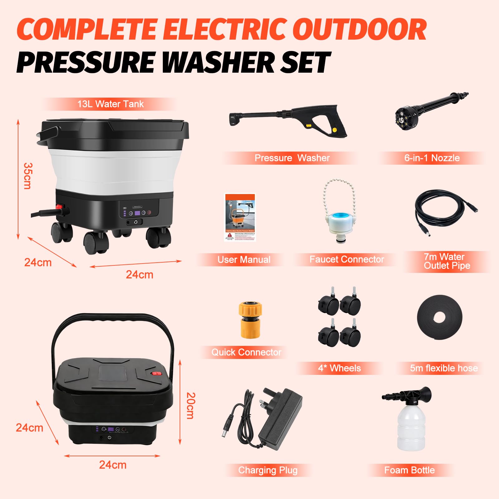 Idropulitrice portatile con serbatoio da 13 l, idropulitrice pieghevole ad alta pressione ugello 6 in 1 Pulitore elettrico portatile per esterni Tubo da 7 m, idropulitrice mobile 660 PSI per