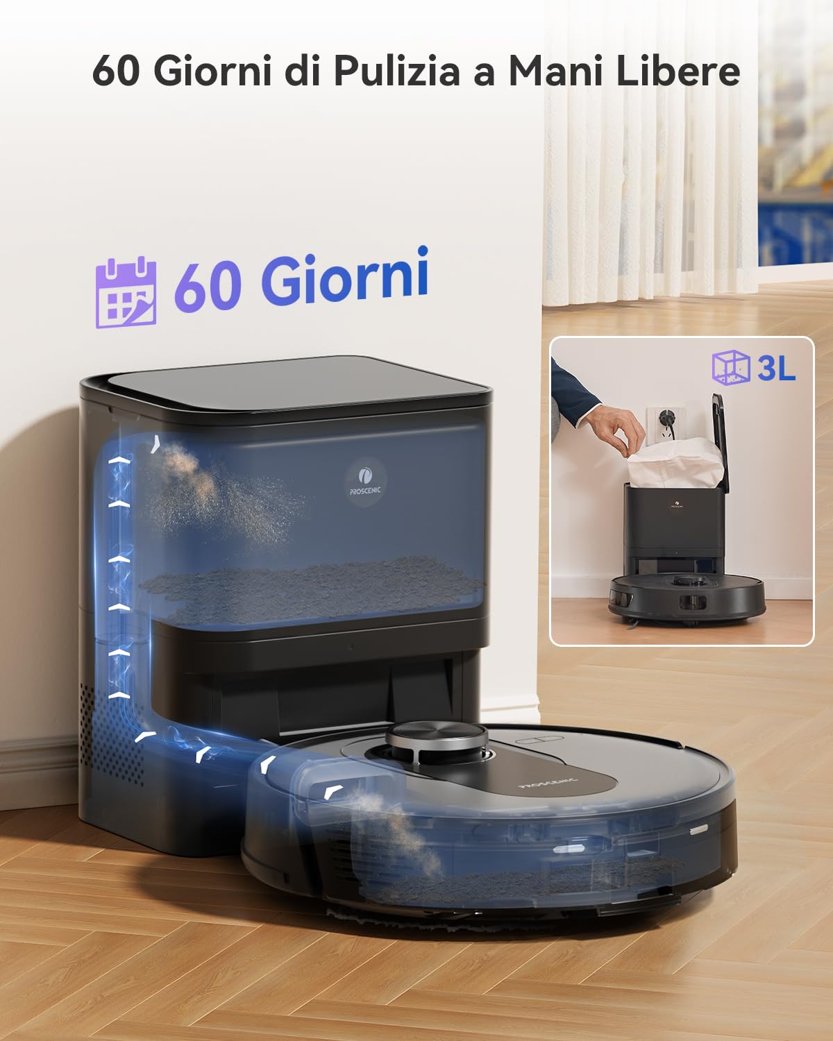 Proscenic Q8 Max Robot Aspirapolvere Lavapavimenti con Mappatura, 5000 Pa, 200 min, 60 Dias Svuotamento Automatico, Robottino Pulisci Pavimento e Lava, Navigazione LiDAR, Controllo APP/Wifi/Siri