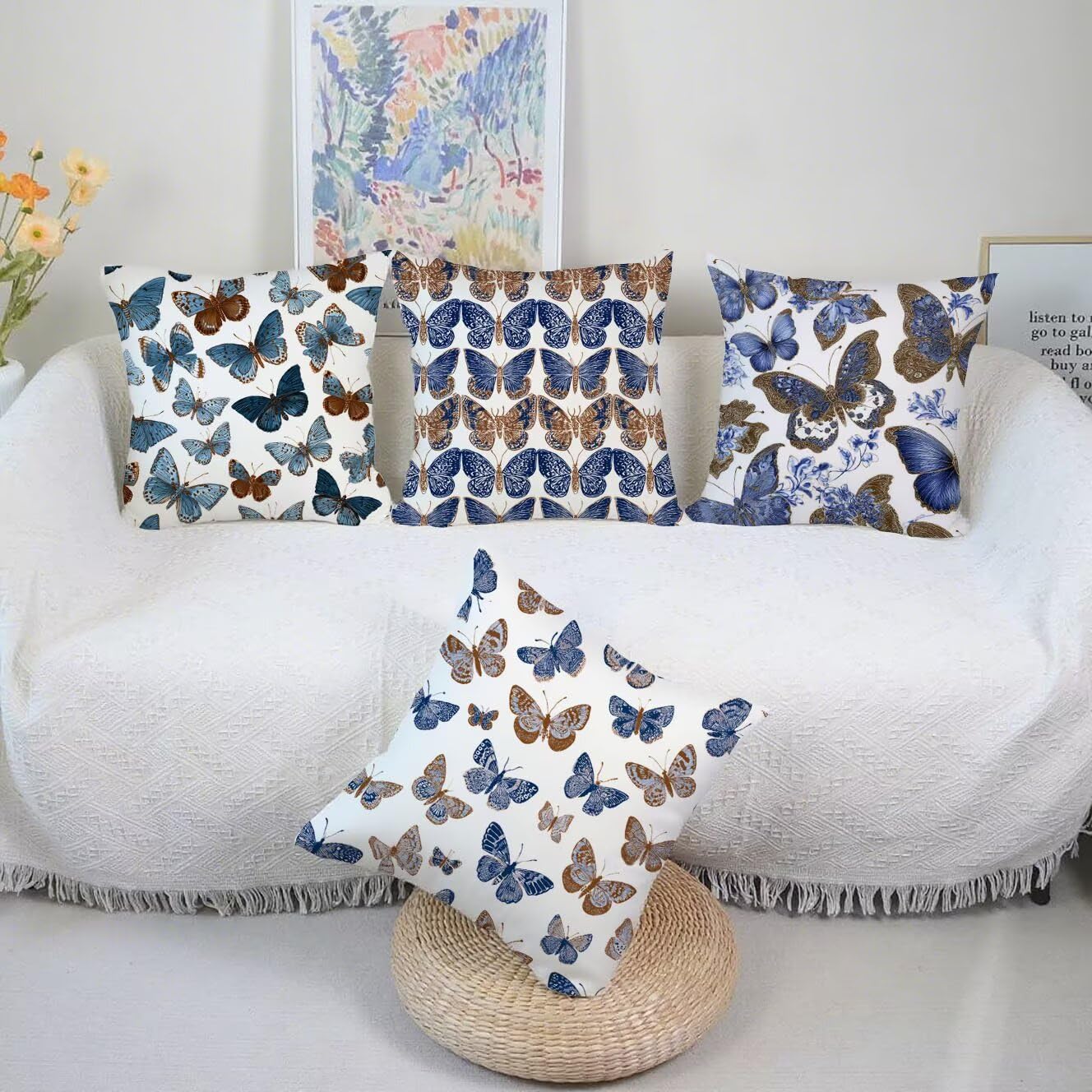 Federe Cuscini Divano 50x50cm, Set Di 4 Cuscini Per Divano Blu Lino, Quadrato federe cuscino letto Le ali, Cuscini Da Esterno Impermeabili, Applicabile Soggiorno E Camera Da Letto Decorazione B-563