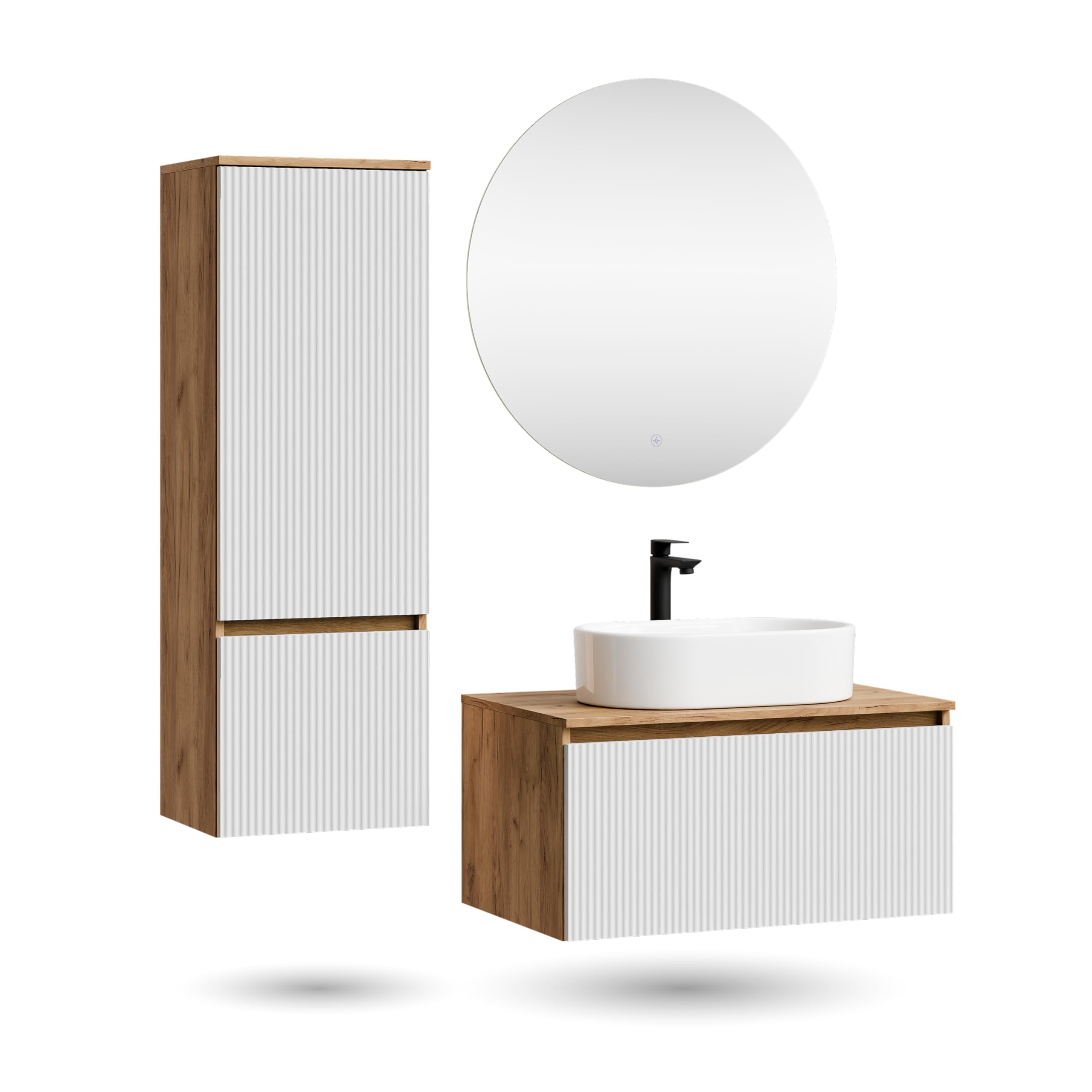 Planetmöbel Arisa - Juego de muebles de baño con armario bajo (80 cm, roble dorado y blanco estriado) con espejo NOVA y armario alto, lavabo de 55 cm, color blanco, incluye sifón para ahorrar espacio