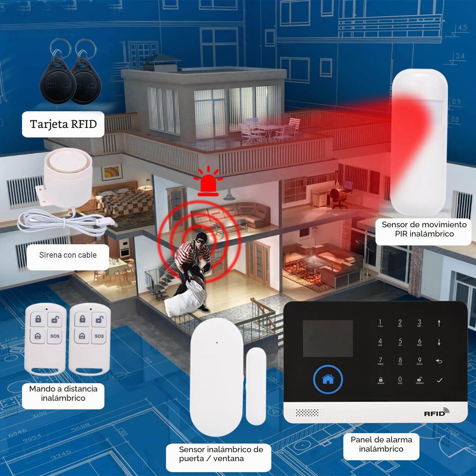 Sistema de Alarma Domestica Inalámbrica 433MHz WiFi + gsm,Pantalla LCD Sensor de Puerta Sensor de Movimiento PIR Compatible con Alexa Google Home