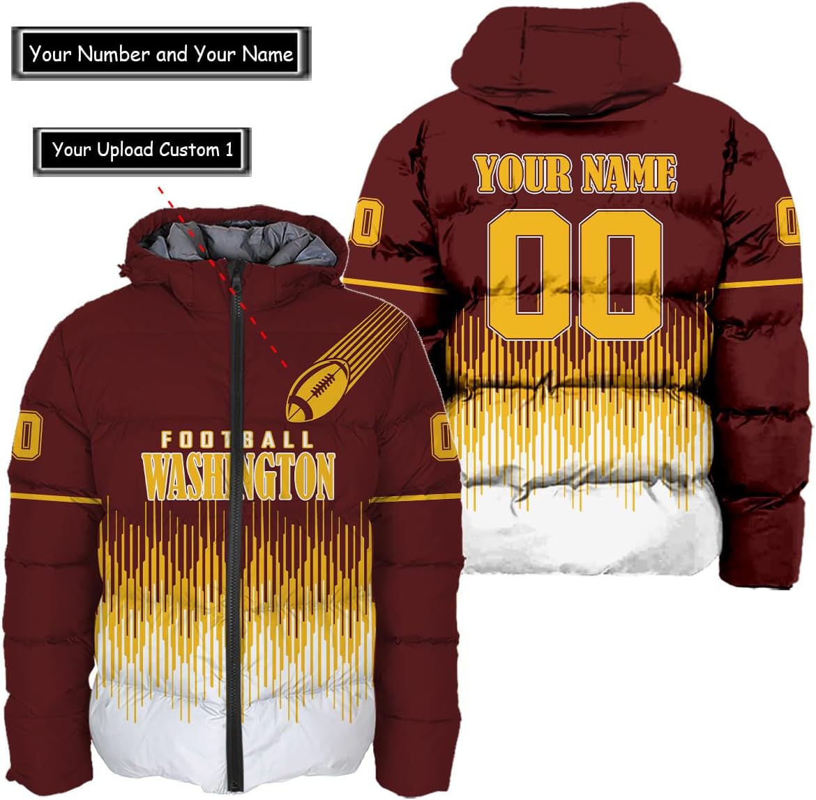 Personalized Washington Football Team Commanders Men's Hooded Puffer Jacket