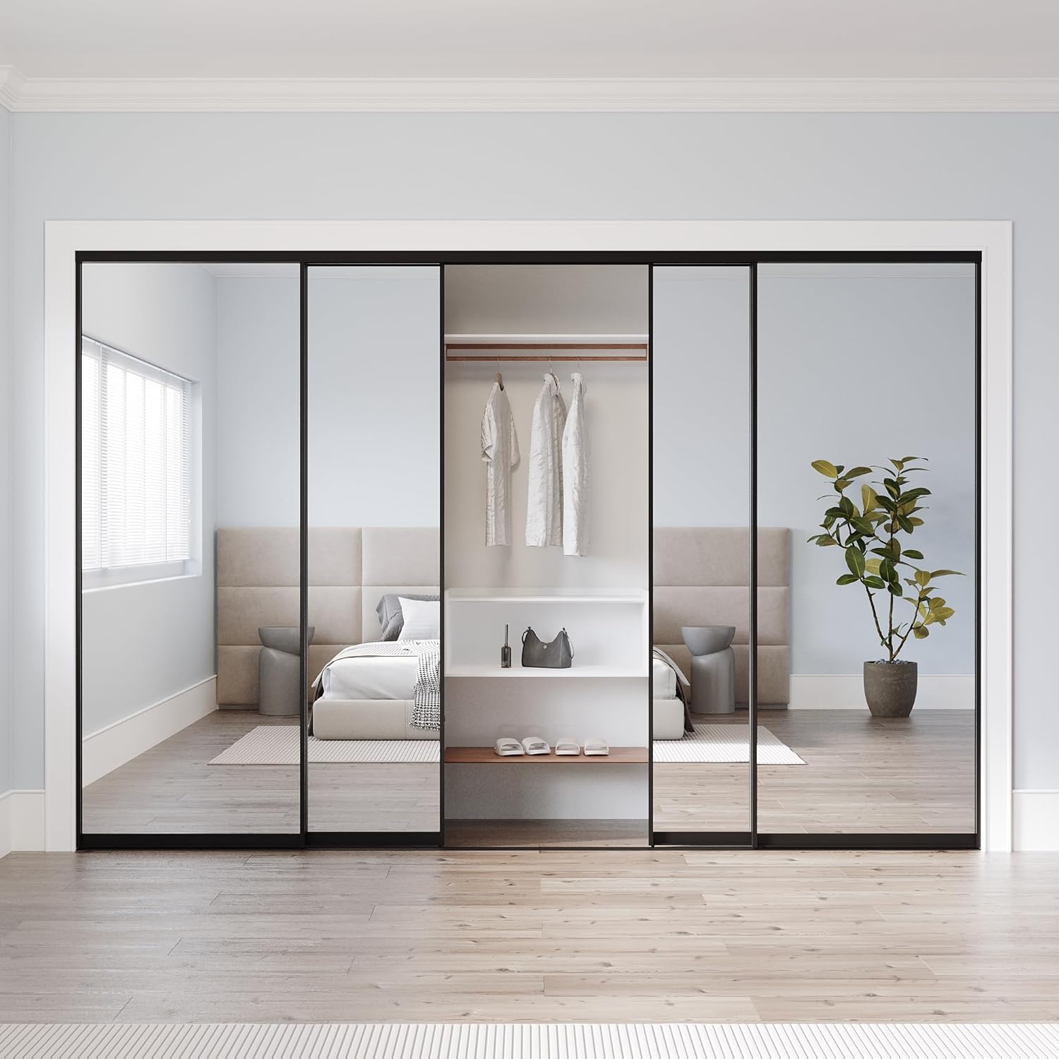 Sliding Closet Doors 144" x 80"(4 x 36.4" x 80"), Mirrored Doors Aluminum Frame with Hardware Kit & Guide, Interior Door for Bedroom No Assembly Required, Black