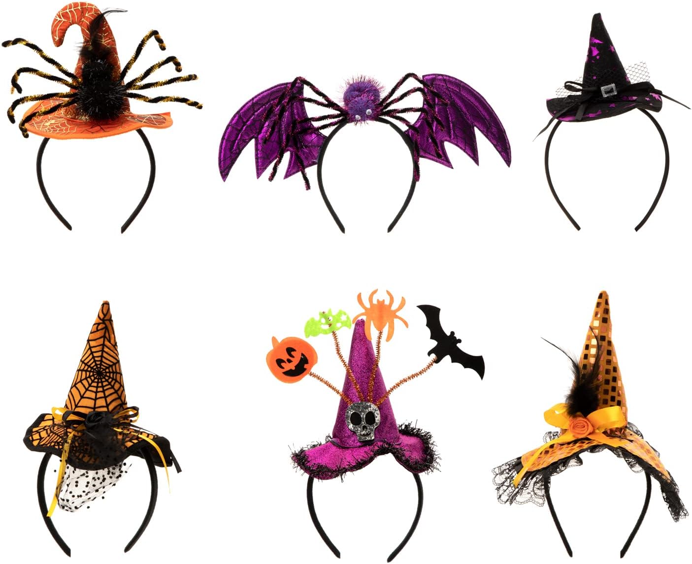 CHOIEO 6 Pcs Halloween Witch Hat Headbands - Pumpkin Spider Bat Headbands Cosplay Costume