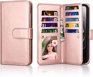 Wallet Case for iPhone 16E, for iPhone 16E 6.1" Case, PU Leather Credit Card Holder [9 Card Slots] Folio Flip Detachable Magnetic Cover Kickstand & Lanyard for iPhone 16 E /SE4 2025, Rose Gold