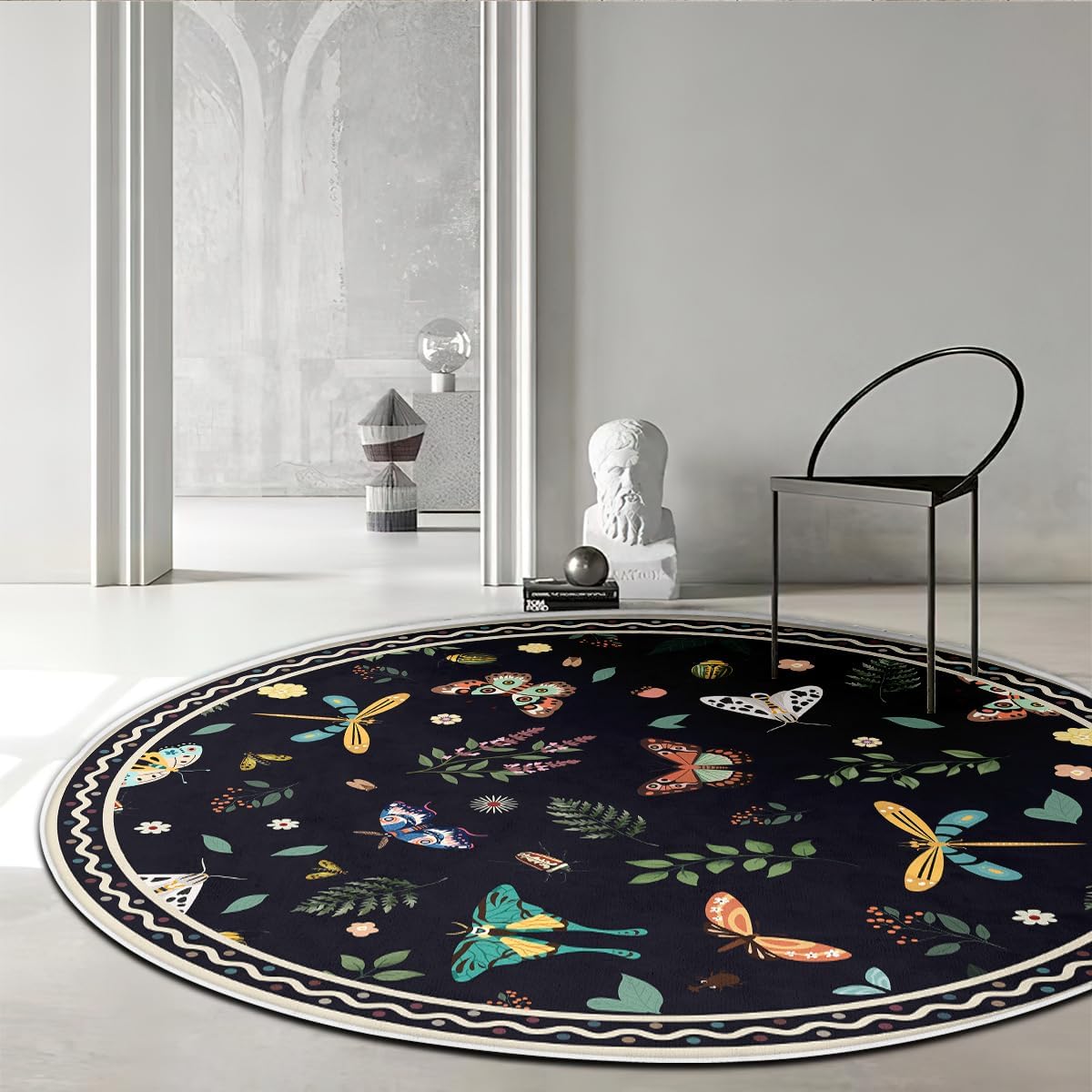Insect Washable Rugs 4 Feet Round Soft Butterfly Throw Rugs for Living Room, Non Slip Low Pile Foldable Large Carpet for Entrance Bedroom, Dining Room, Kids Room, Black
