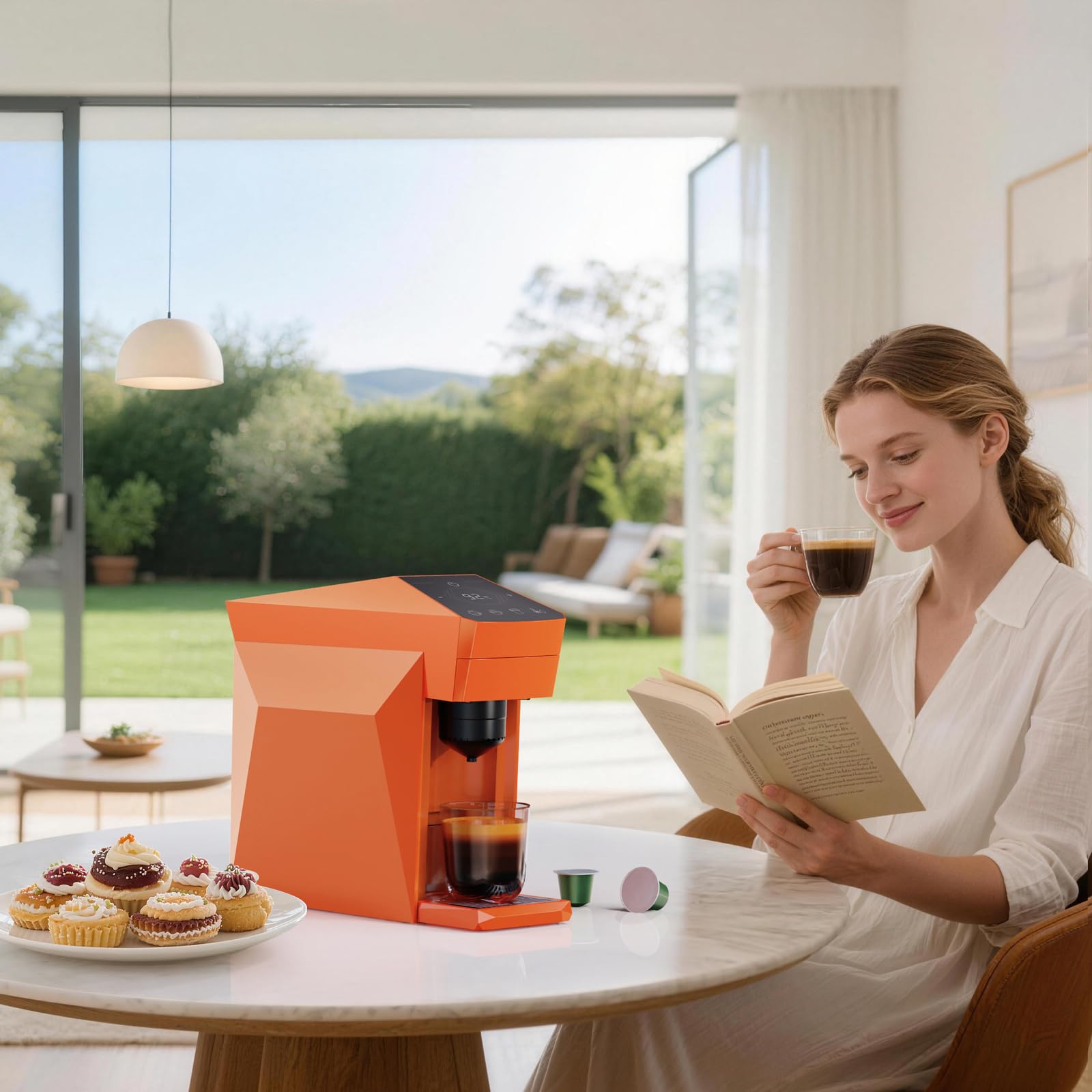 Máquina de café 4 en 1 desechable, 19 bar para cápsulas KCup Capsules/Nespresso OriginalLine/Dolce Gusto/Ground Coffee, naranja vibrante
