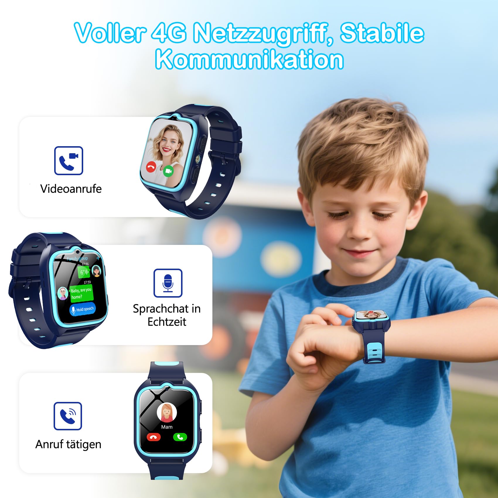 IOWODO Smartwatch Kinder mit GPS, 4G-Anruffunktion & SOS-Notruf, 800mAh Akku, Wasserdicht IP67, Schulmodus