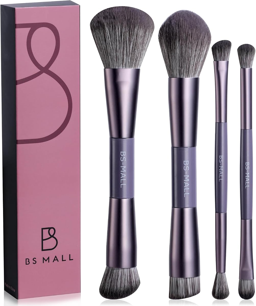 Juego de 4 brochas de maquillaje portátiles de doble punta: brocha de lujo para sombra de ojos, brocha correctora, brocha para colorete y brocha para base para uso diario multiusos ligero (púrpura)