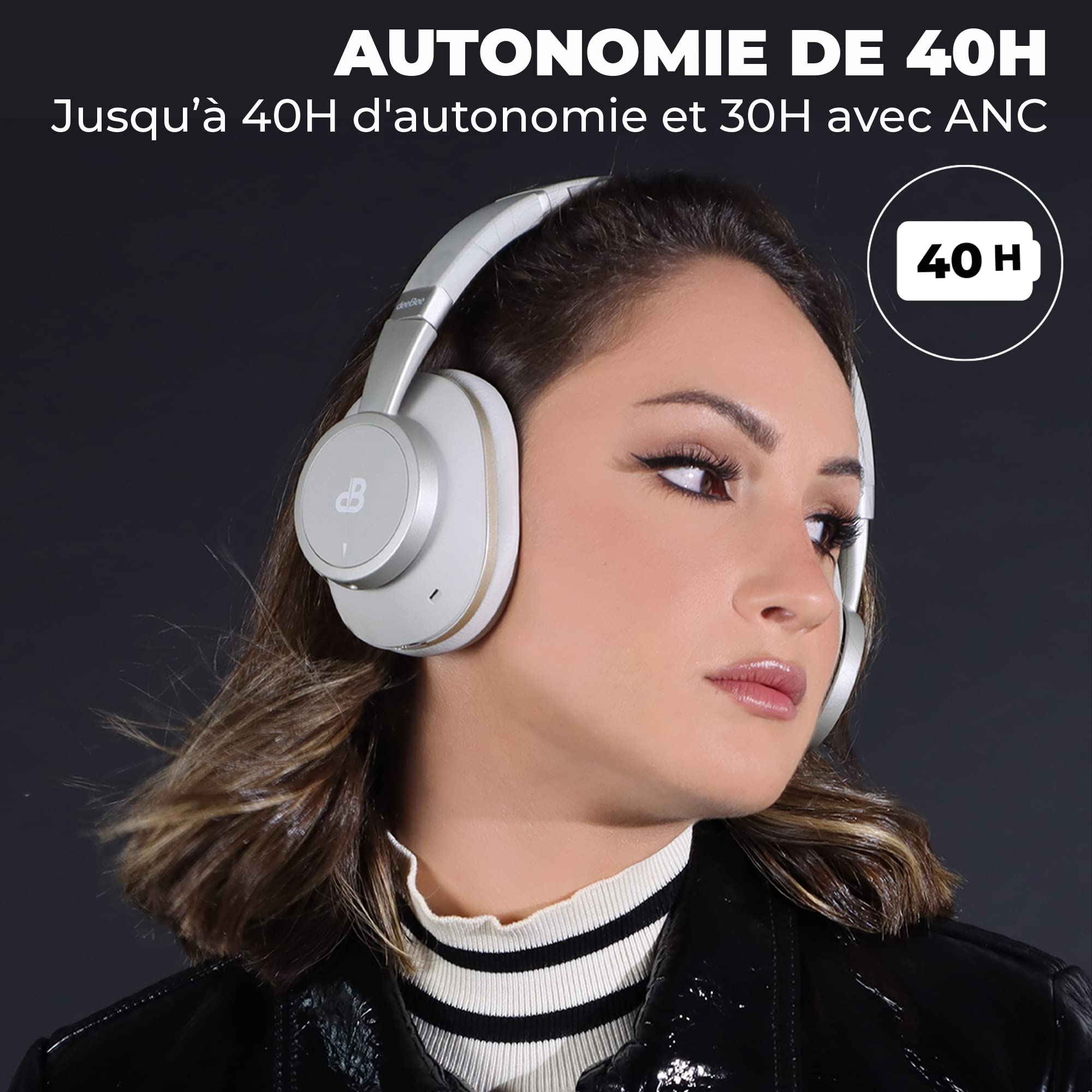 deeBee Pulse - Bezprzewodowe słuchawki audio z aktywną redukcją szumów - Bluetooth ANC -35dB mikrofon, autonomia 40 godzin, wymienne nauszniki, redukcja szumów, muzyka, rozmowy - DB-Pulse-GLD (beżowy)