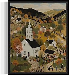 Church and Community Wall Art Poster Print, Scenery Landscape American Folk Art, Naive Painting Decor Gallery 31 (Church and Community, 8 x 10 inches, Unframed)
