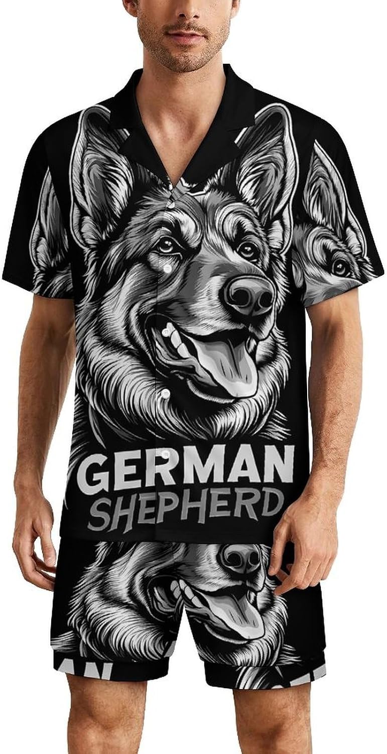German Shepherd Dog Men's Short Sleeve Pajama Set Satin Silk Like Lounge Sleepwear