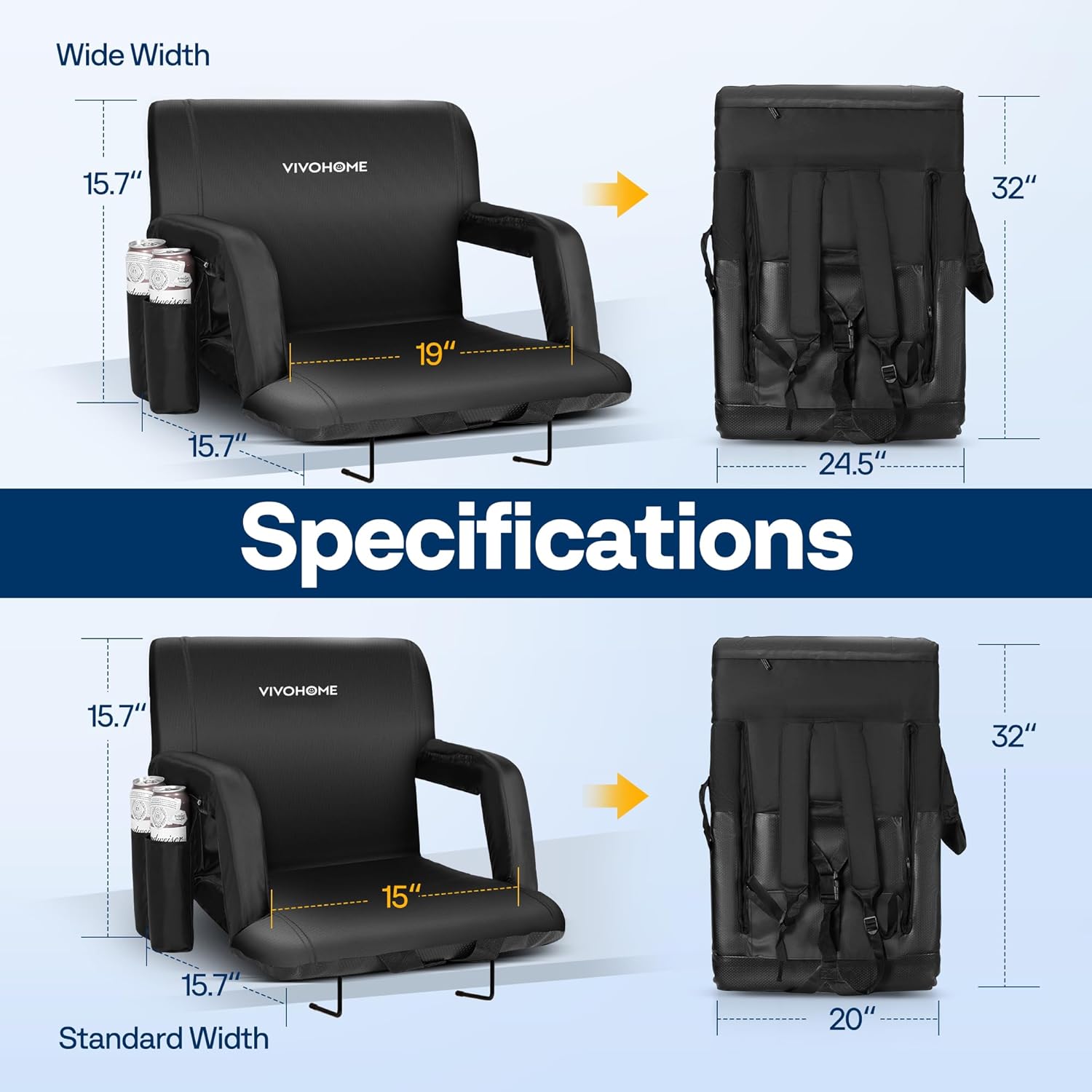 Close-up images showing water resistance and high-density sponge material of the stadium seat.