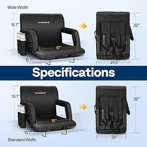 Miniatura 2 de VIVOHOME Asientos reclinables para estadio con respaldo y cojín, paquete de 2 sillas acolchadas portátiles con reposabrazos y soporte para tazas,